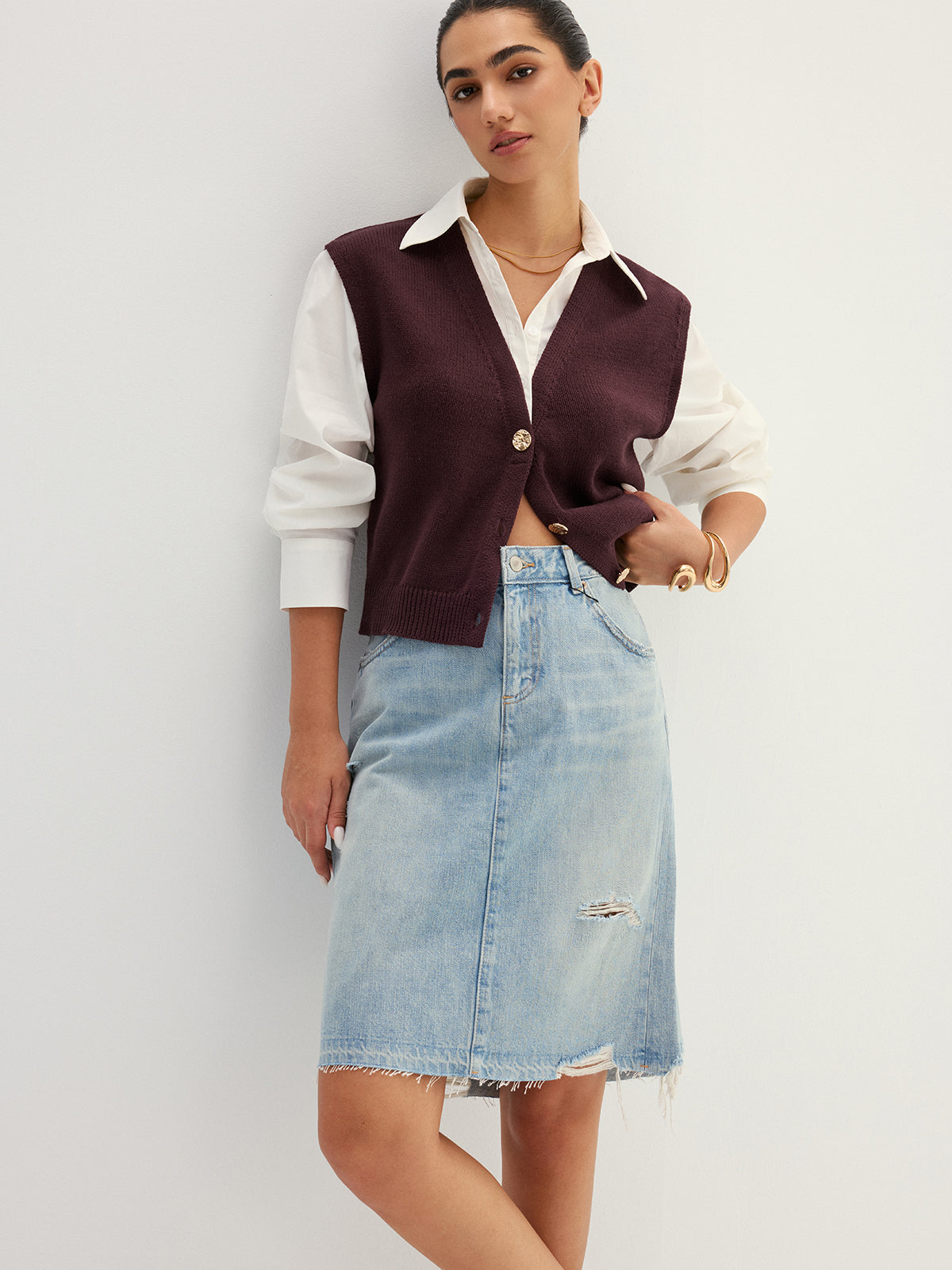 Button Front Fake Two Piece Knit Top - Casual Layered Long Sleeve Sweater