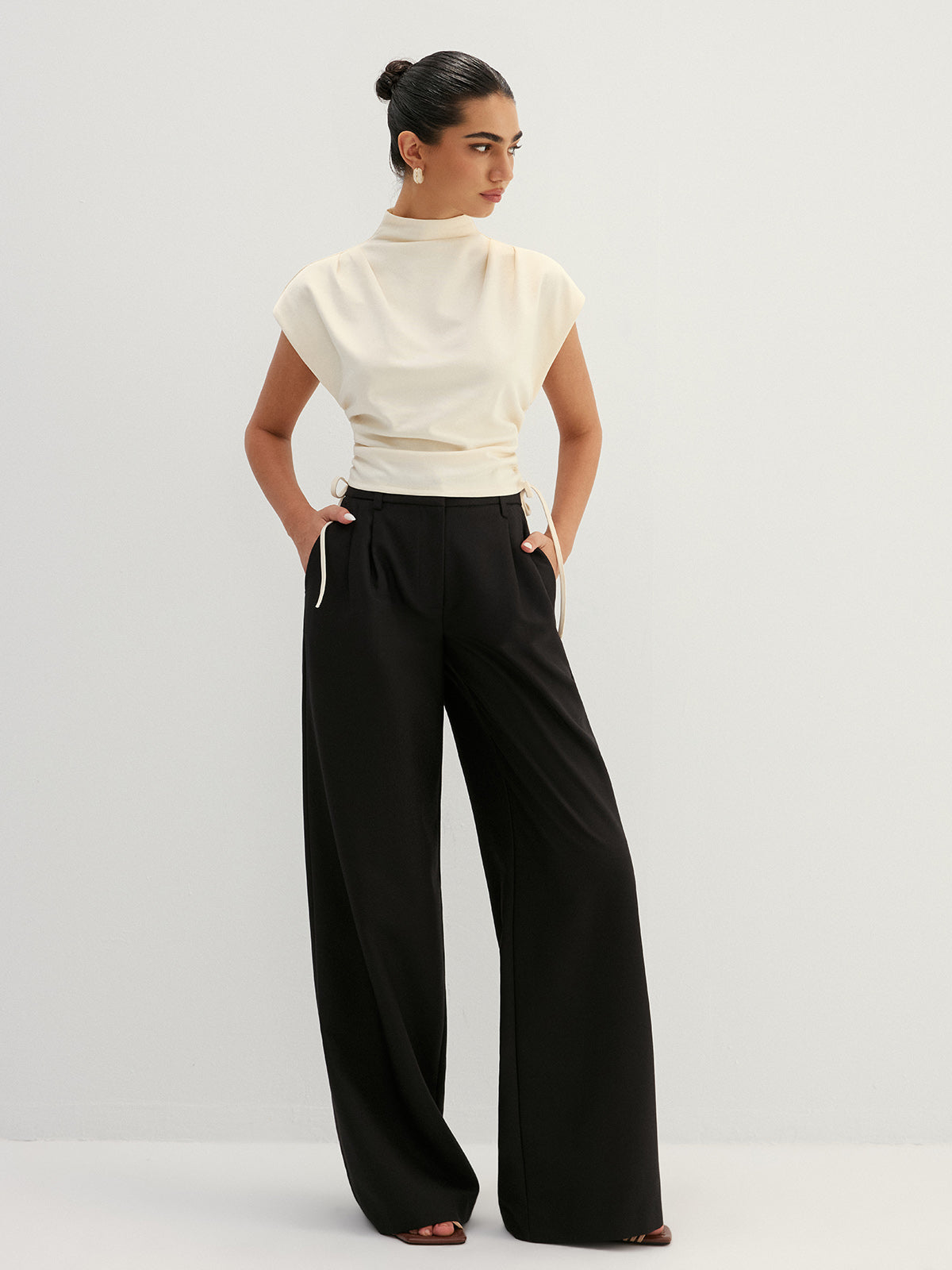 Draped Side Drawstring Cap Sleeve Top Women's Casual Blouse