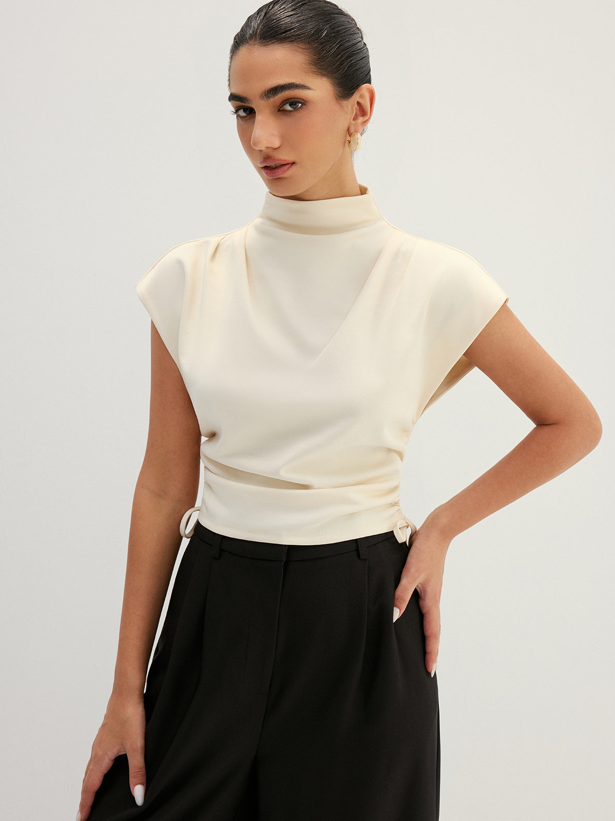 Draped Side Drawstring Cap Sleeve Top Women's Casual Blouse