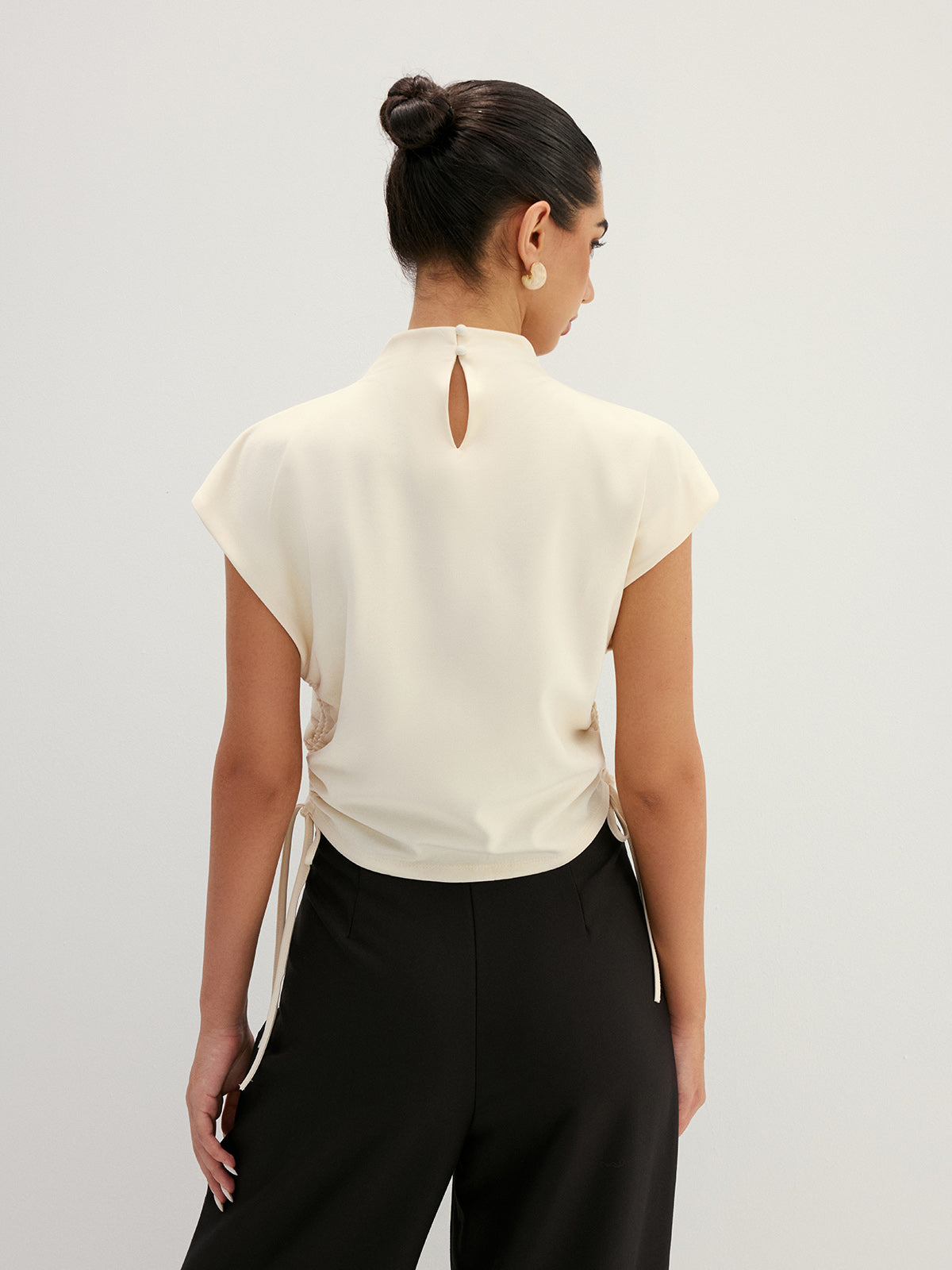 Draped Side Drawstring Cap Sleeve Top Women's Casual Blouse