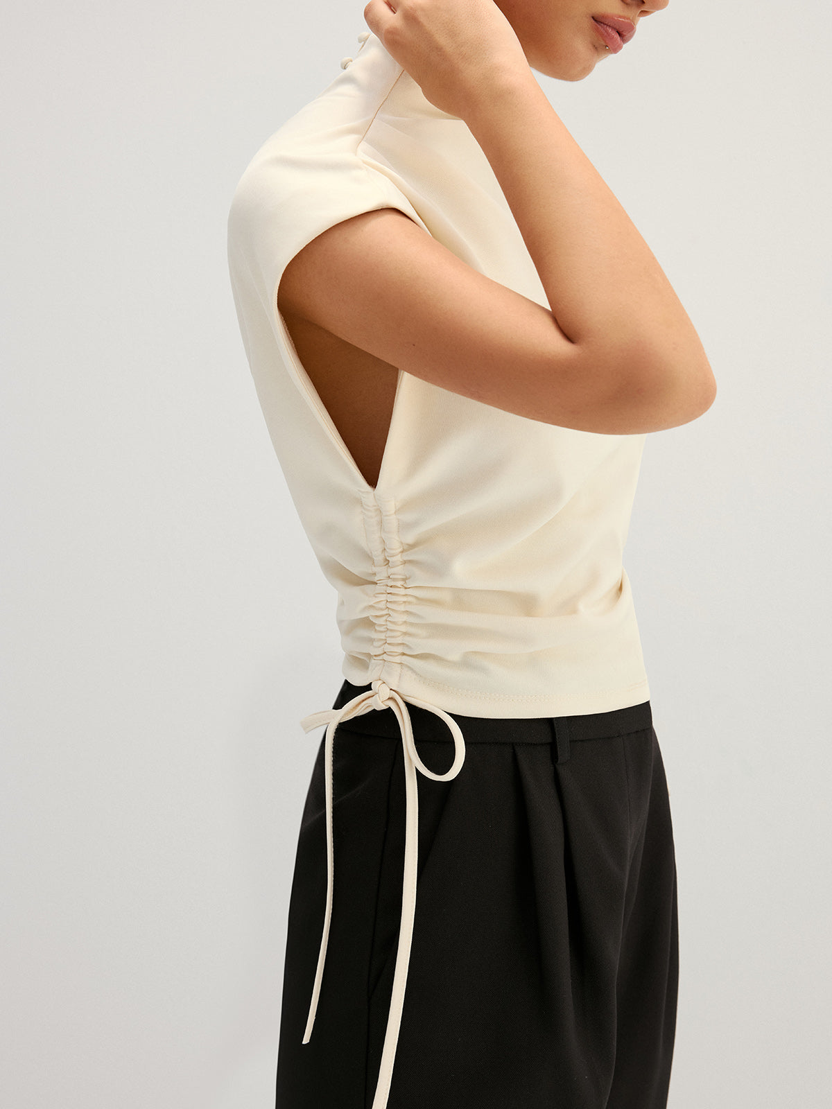 Draped Side Drawstring Cap Sleeve Top Women's Casual Blouse
