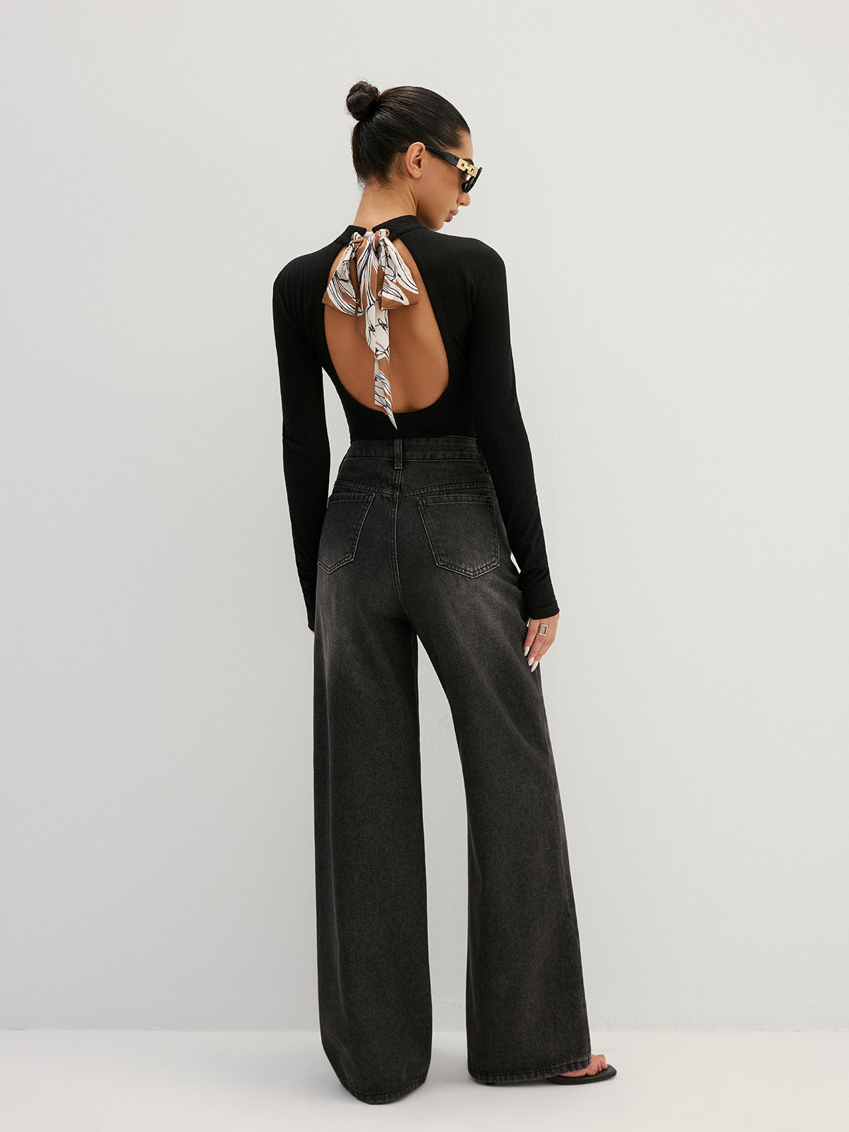 Back Cutout Printed Bow High Neck Top - Women's Trendy Fashion Blouse