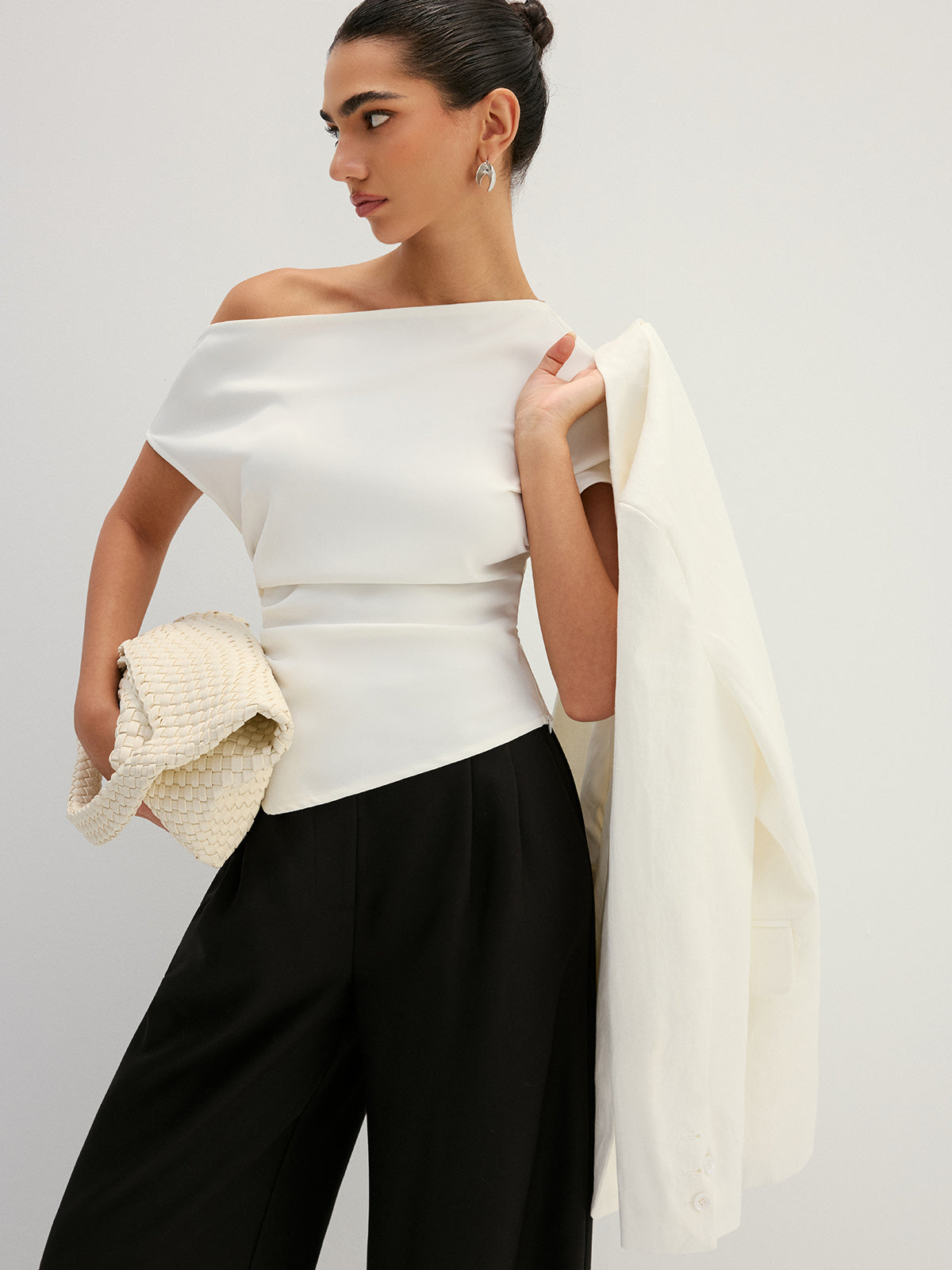 Asymmetric Off Shoulder Ruched Fitted Blouse Women's Elegant Top