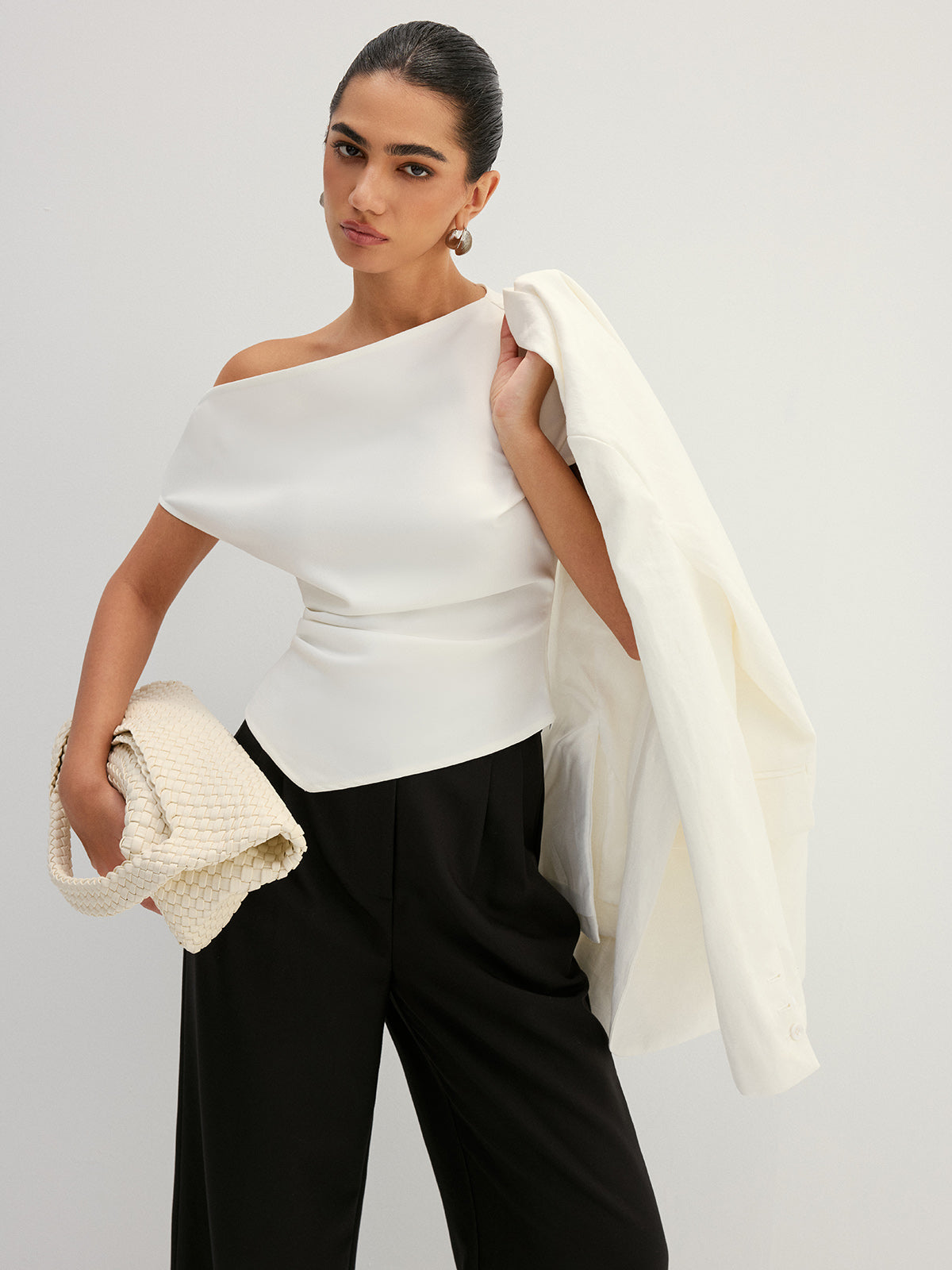 Asymmetric Off Shoulder Ruched Fitted Blouse Women's Elegant Top