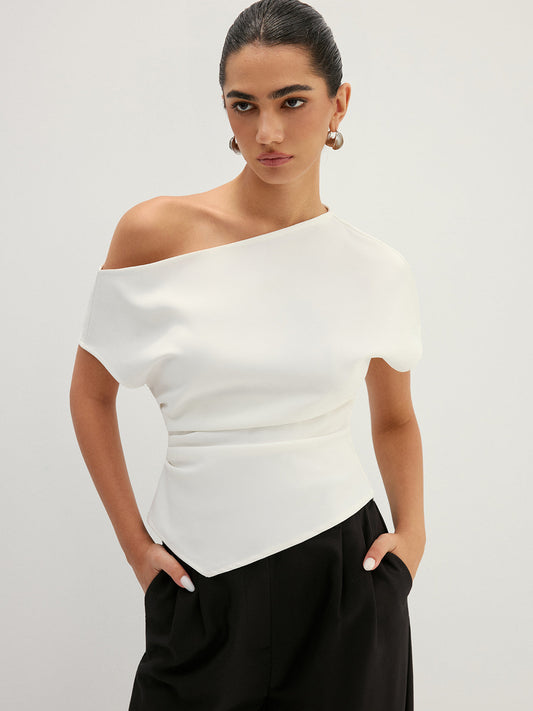 Asymmetric Off Shoulder Ruched Fitted Blouse Women's Elegant Top