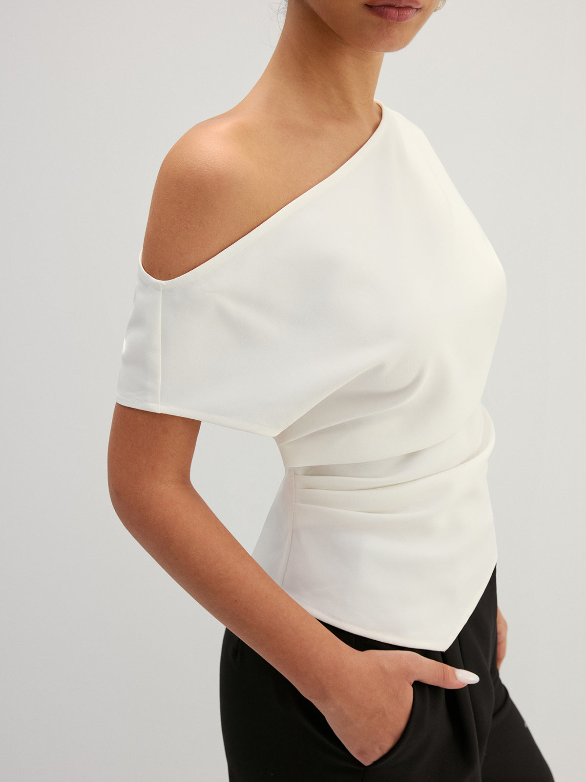 Asymmetric Off Shoulder Ruched Fitted Blouse Women's Elegant Top
