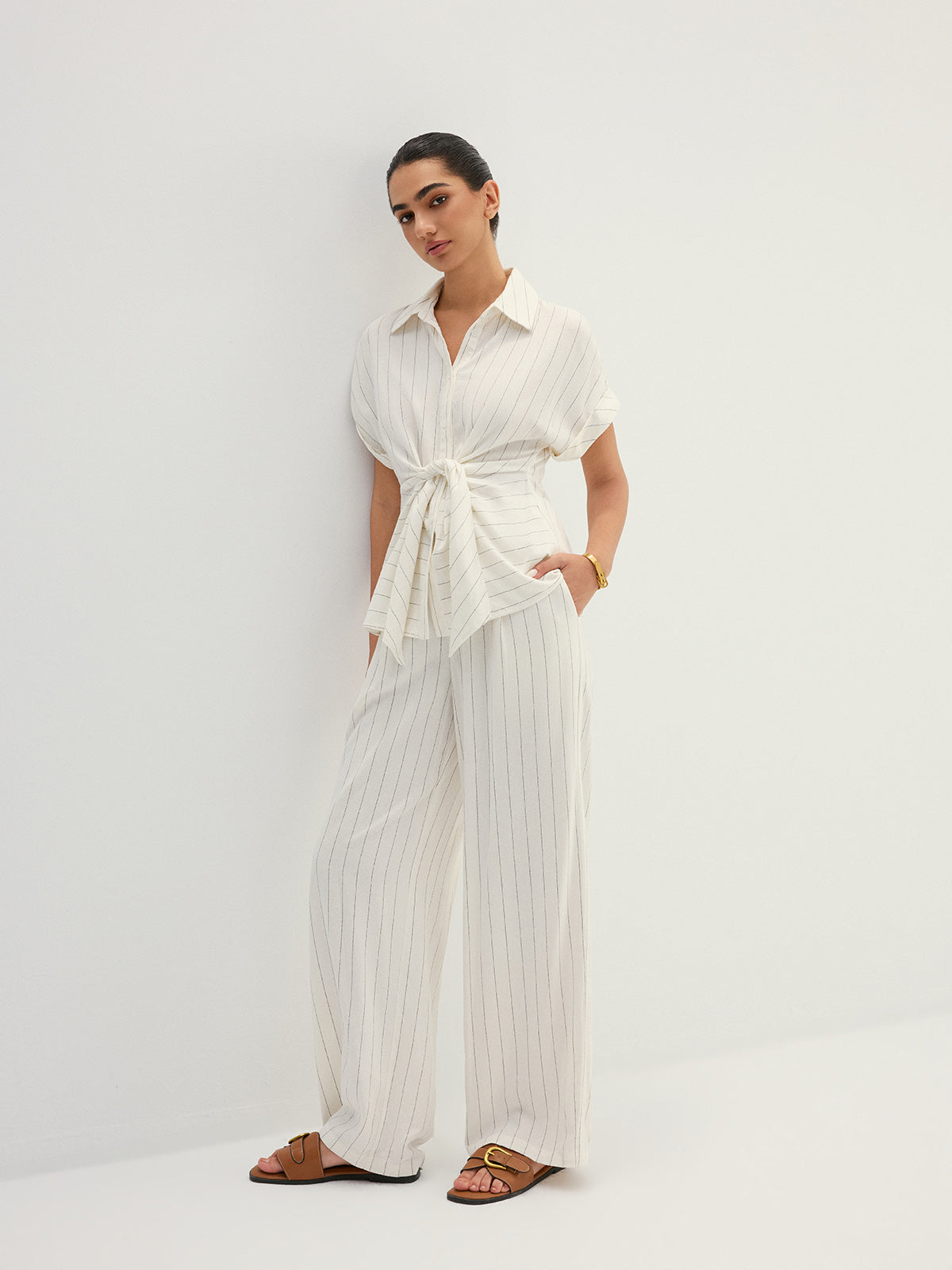 Striped Tie Waist Shirt & Wide Leg Pant Set with Belt Closure