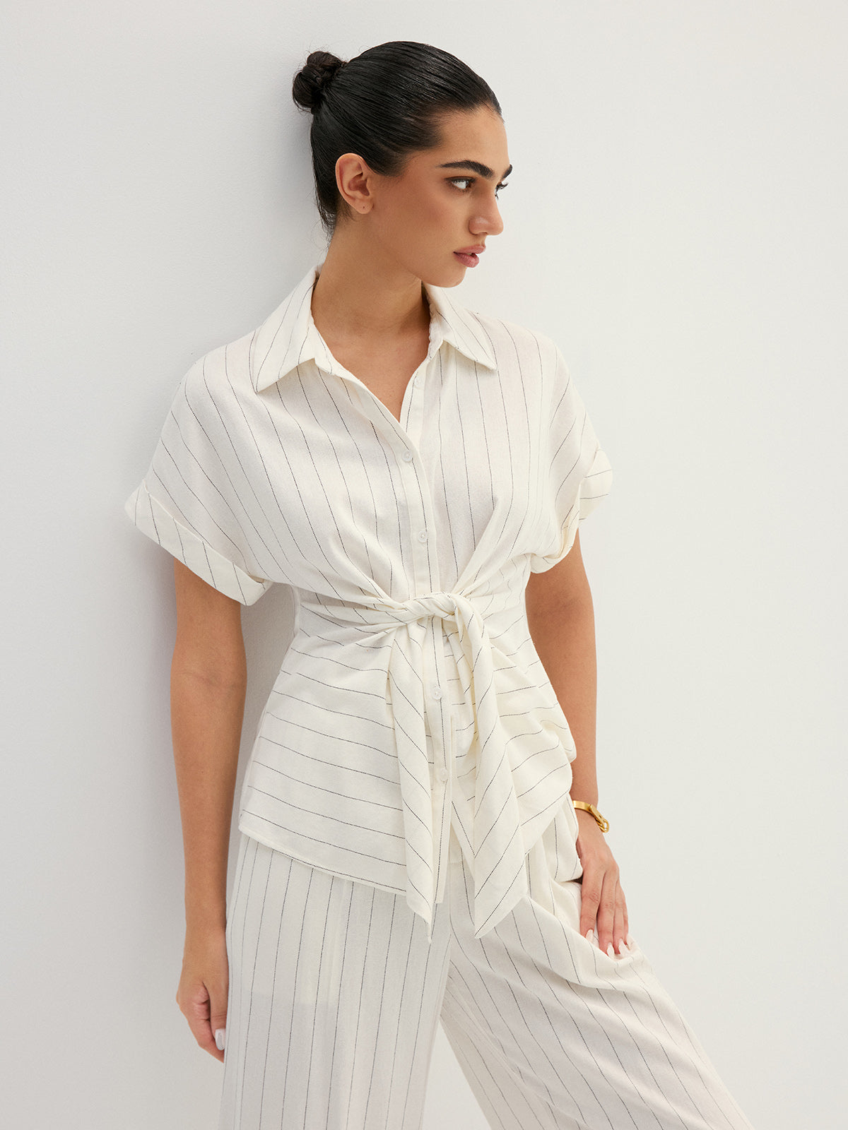 Striped Tie Waist Shirt & Wide Leg Pant Set with Belt Closure