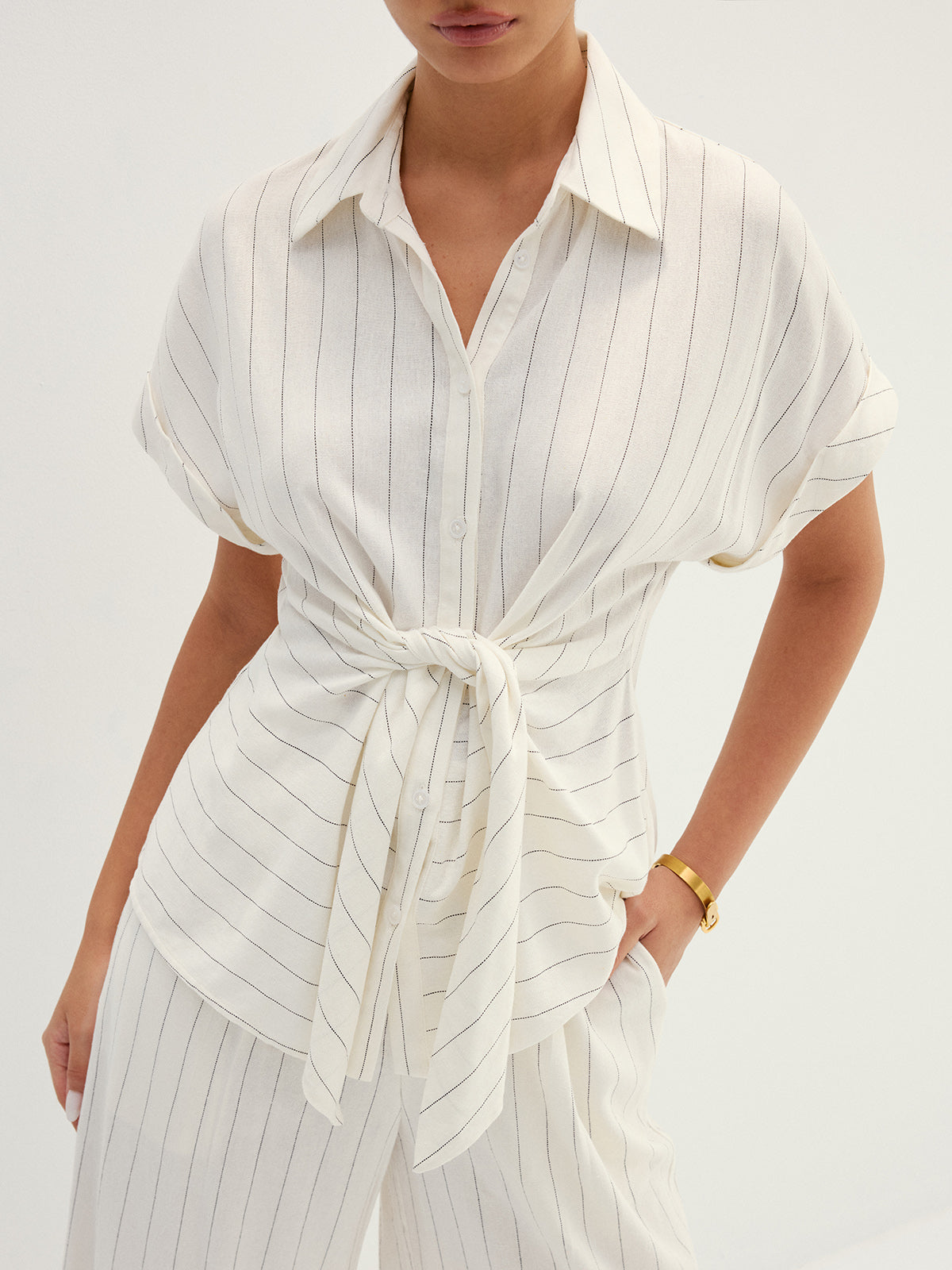 Striped Tie Waist Shirt & Wide Leg Pant Set with Belt Closure