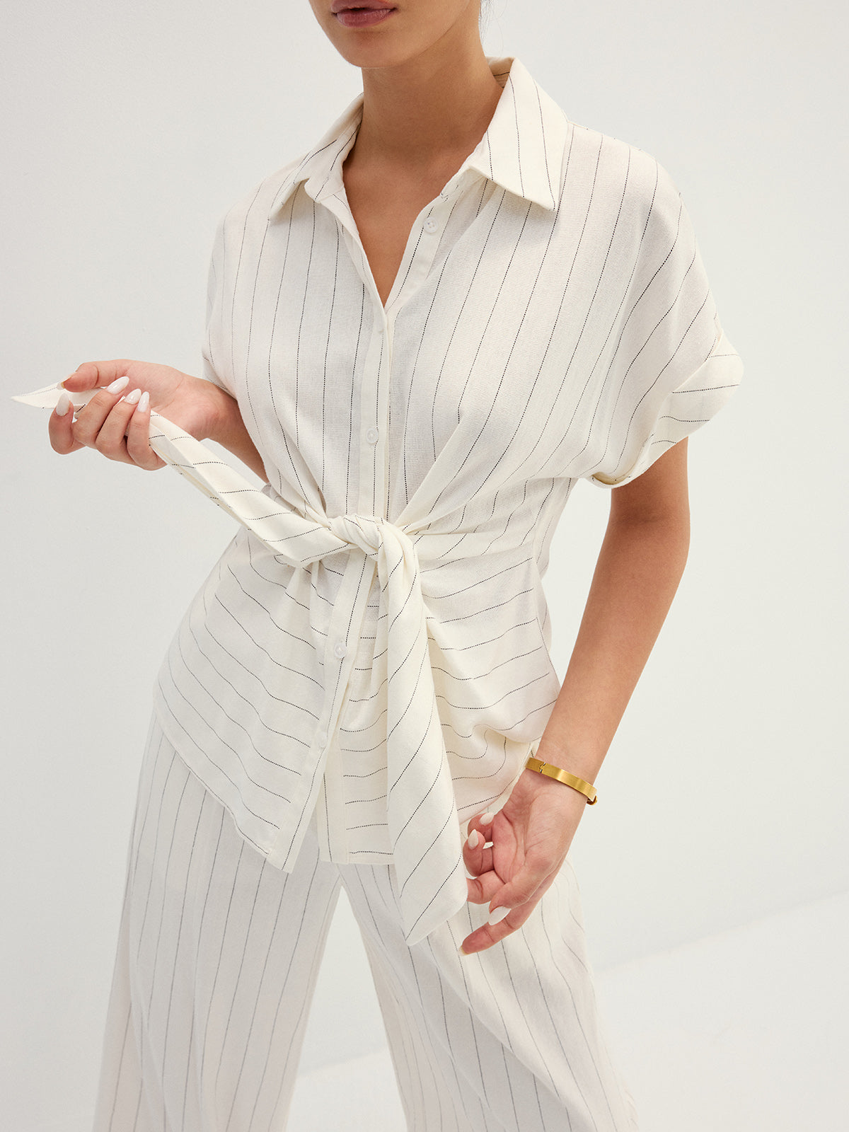 Striped Tie Waist Shirt & Wide Leg Pant Set with Belt Closure