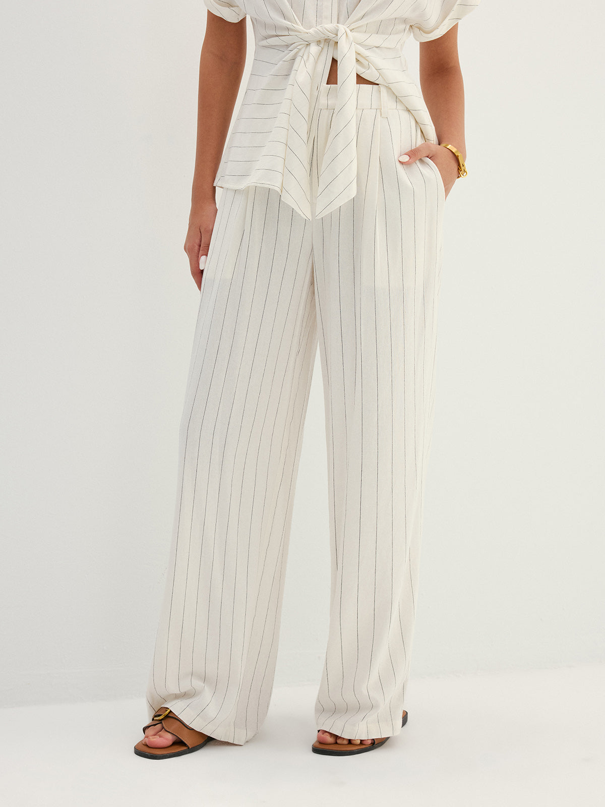 Striped Tie Waist Shirt & Wide Leg Pant Set with Belt Closure