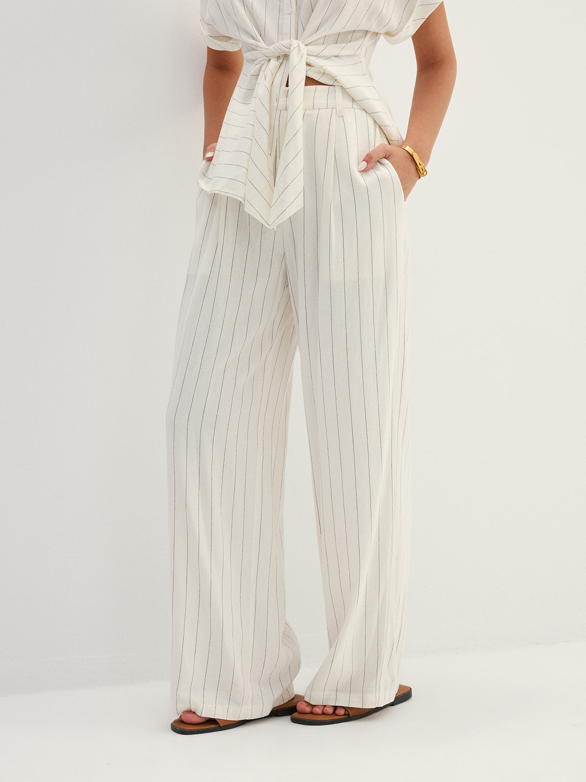 Striped Tie Waist Shirt & Wide Leg Pant Set with Belt Closure