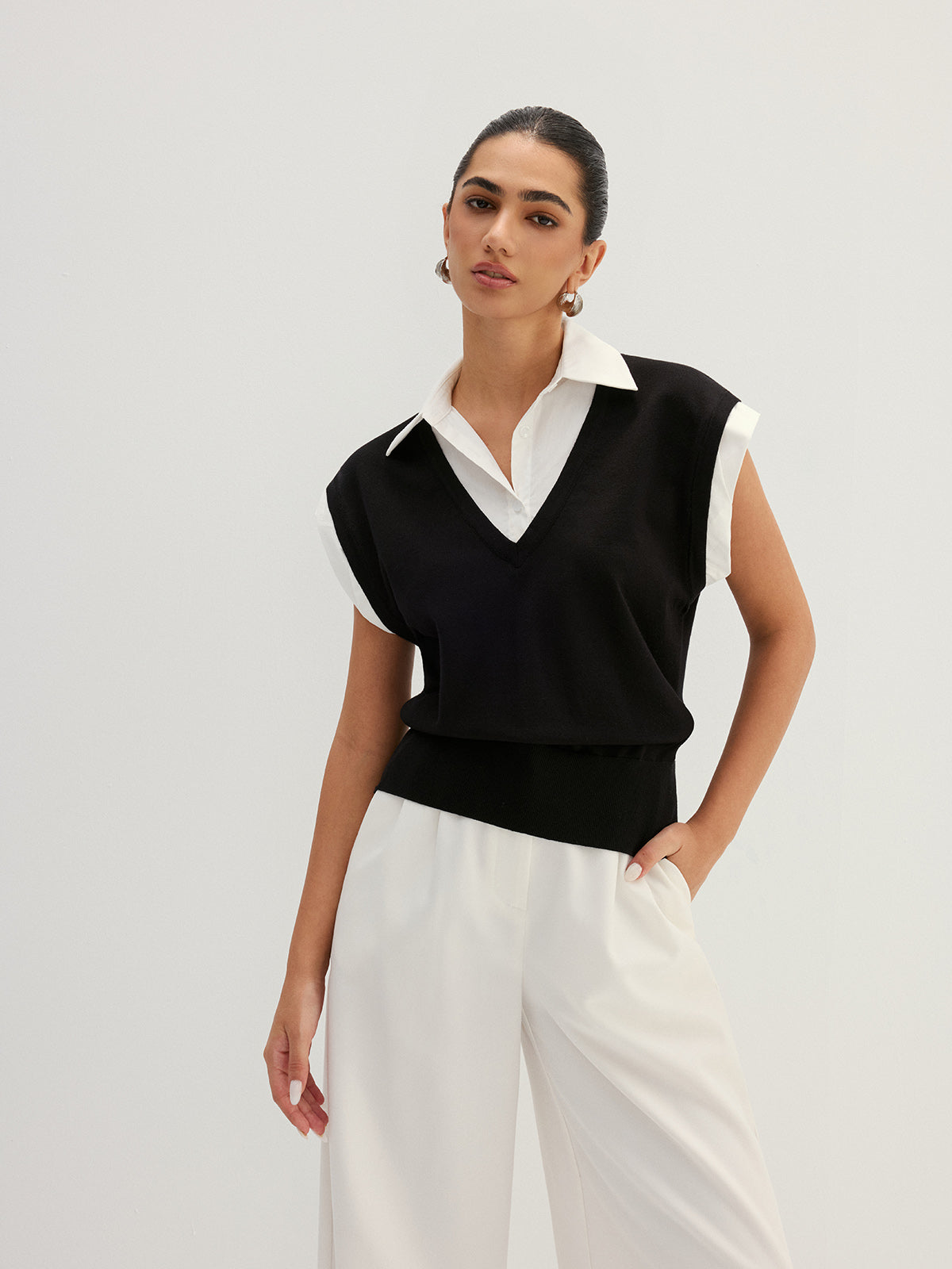 Fake Two Piece Knit Collared Blouse, Casual Layered Office Top Style