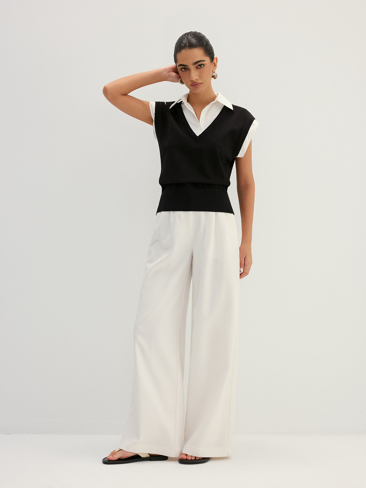 Fake Two Piece Knit Collared Blouse, Casual Layered Office Top Style