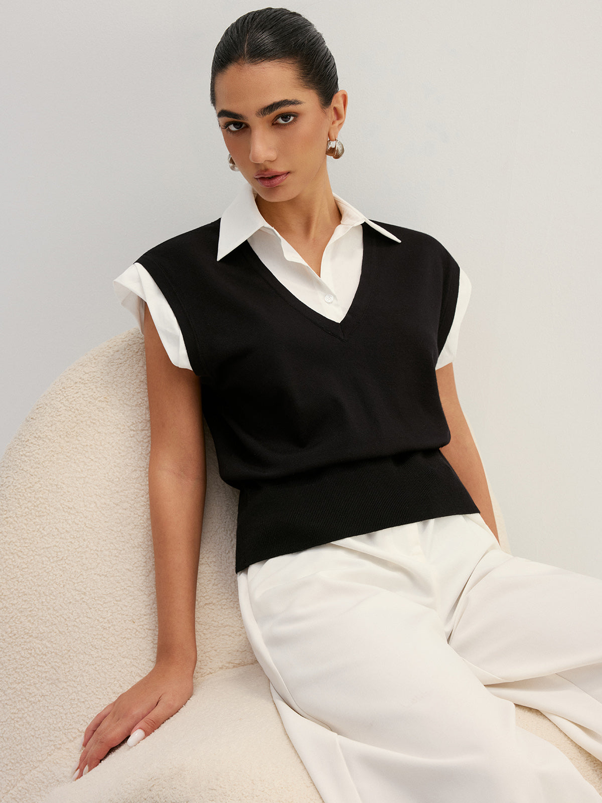 Fake Two Piece Knit Collared Blouse, Casual Layered Office Top Style