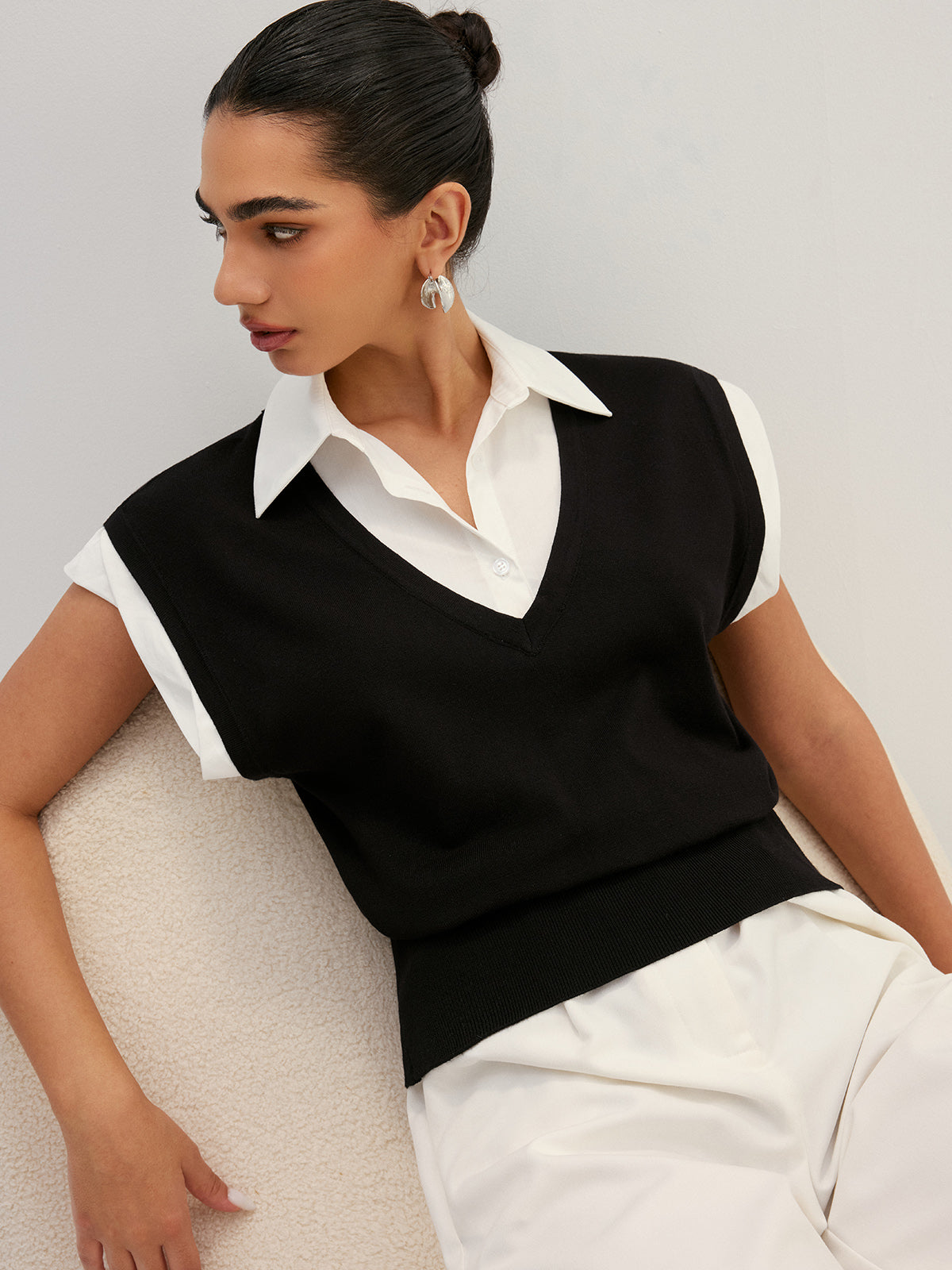 Fake Two Piece Knit Collared Blouse, Casual Layered Office Top Style