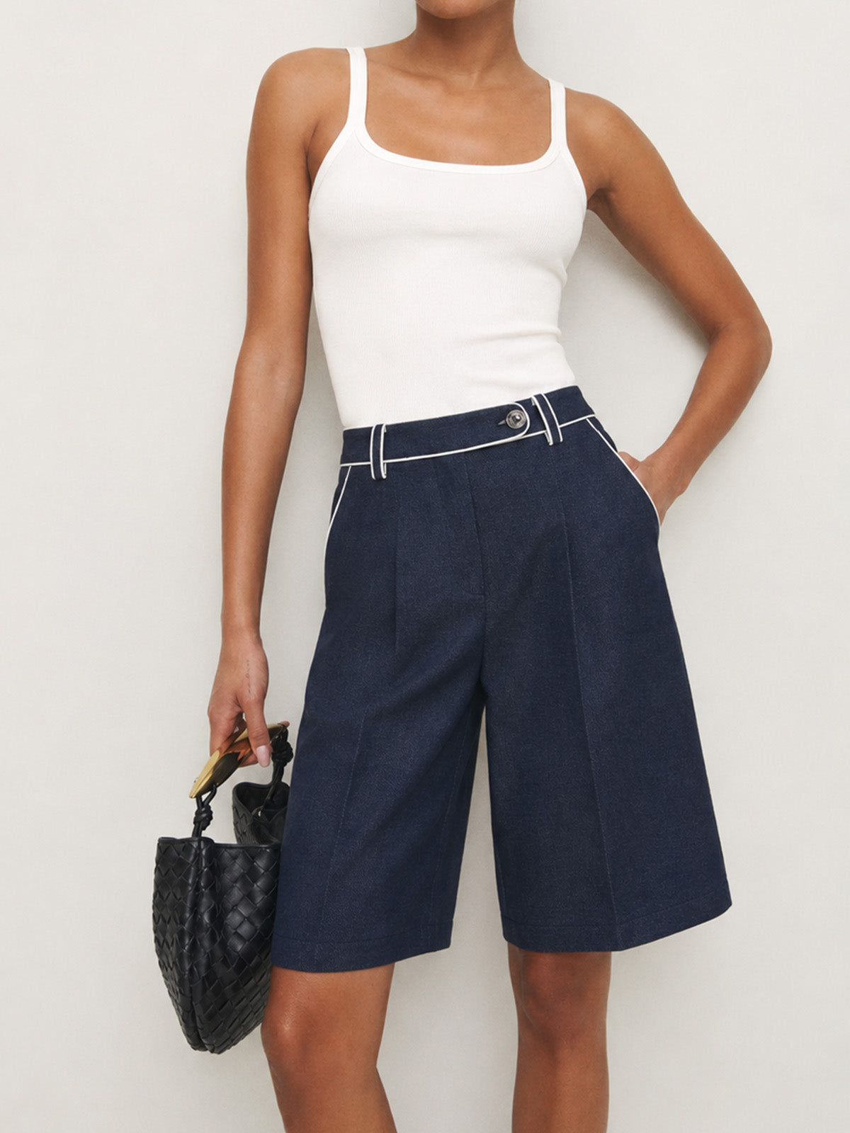Contrast Piping Mid Waist Bermuda Shorts Casual Summer Wear