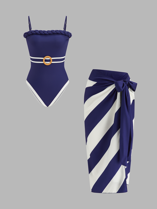 Braided Trim One Piece Swimsuit & Striped Sarong Set - Beachwear Summer Essentials