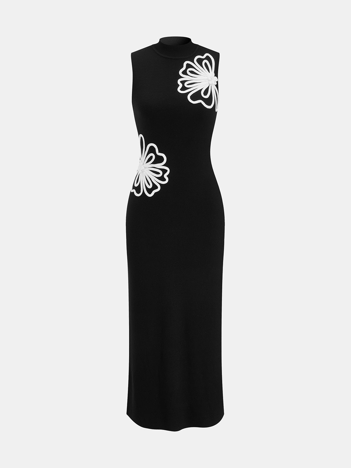 High Neck Floral Applique Knit Maxi Dress for Elegant Evenings