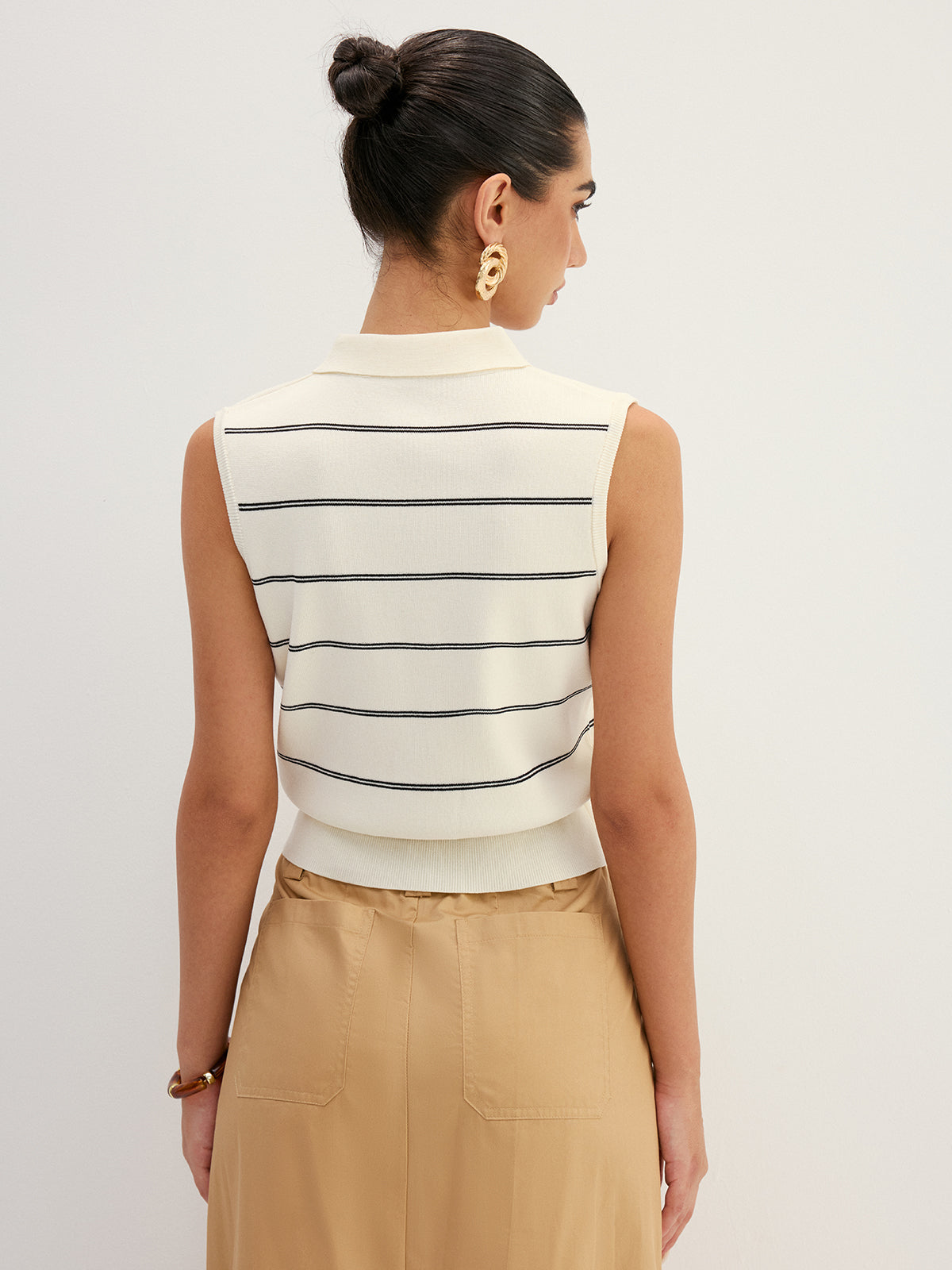 Striped Polo Collar Sleeveless Knit Top for Women Casual Summer Wear