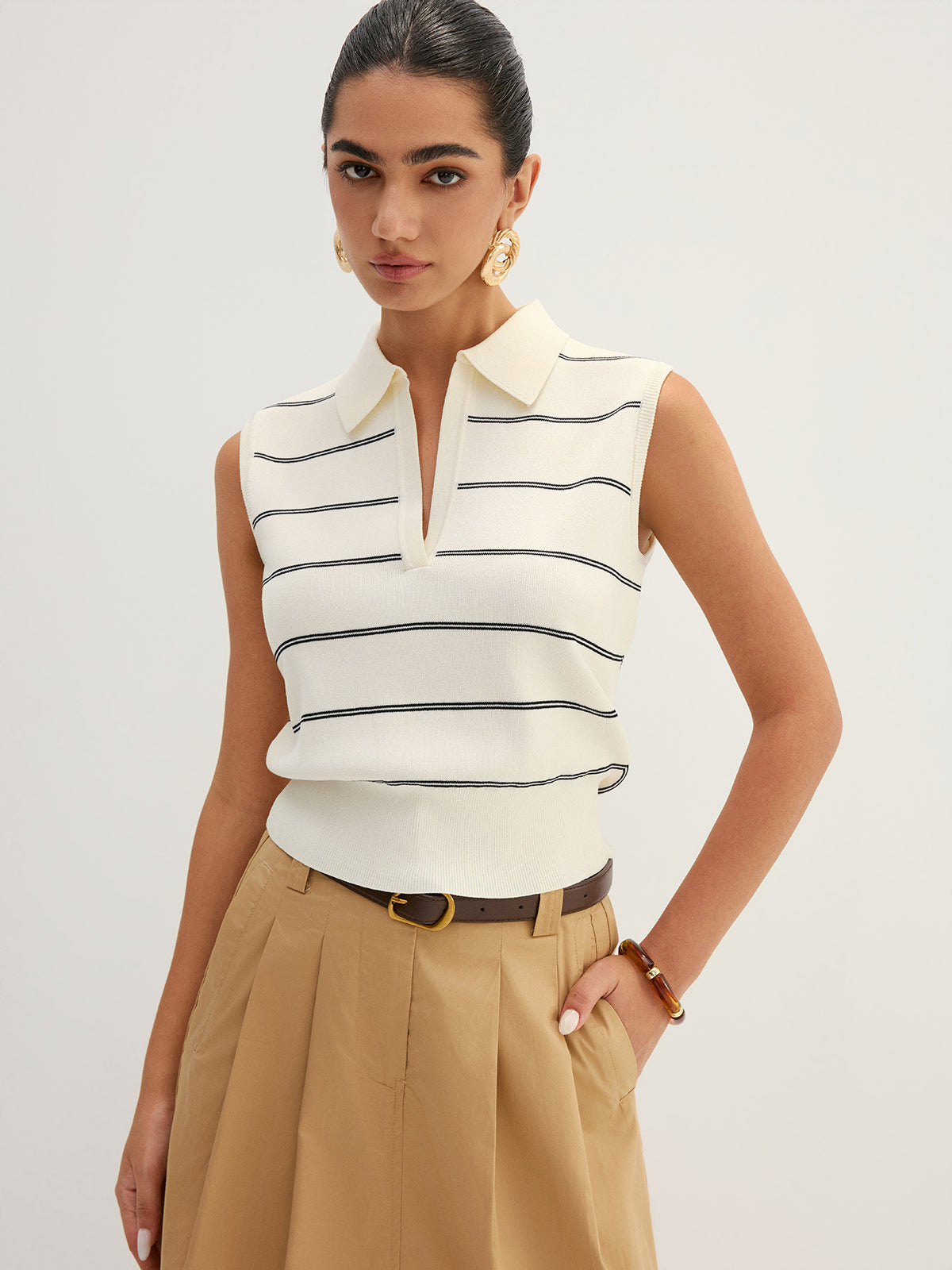 Striped Polo Collar Sleeveless Knit Top for Women Casual Summer Wear