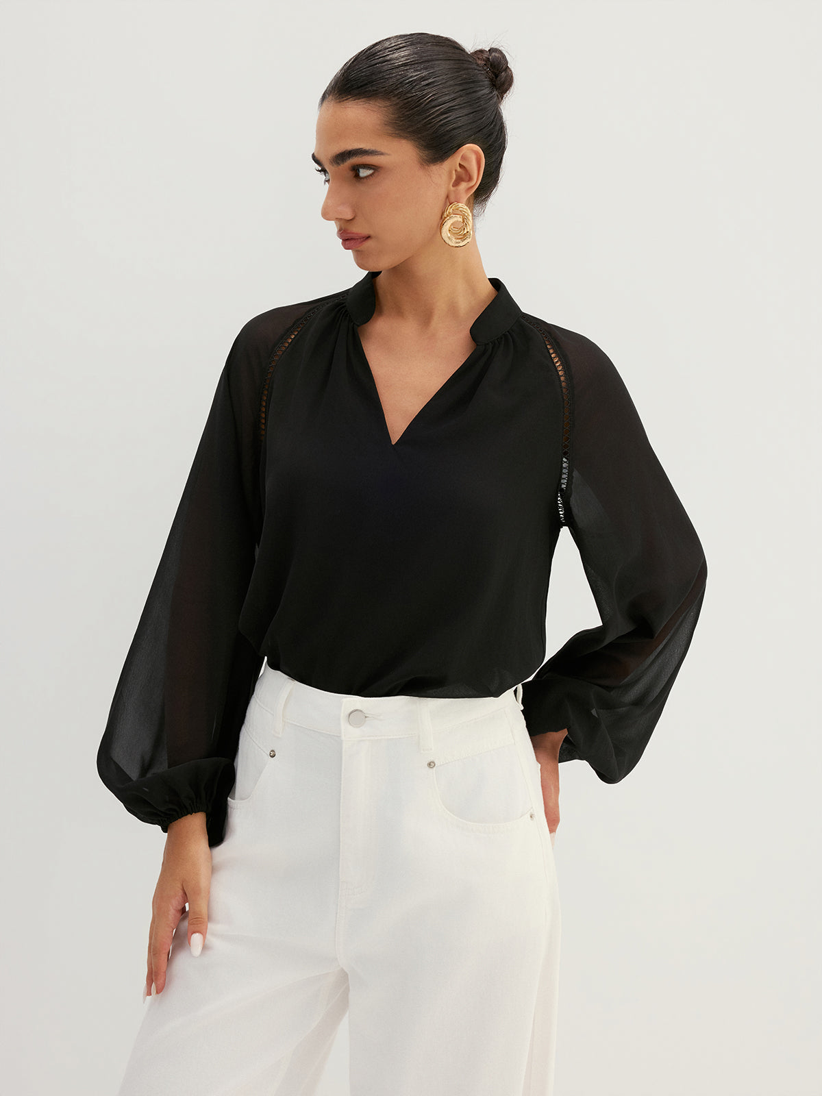 Hollow Out Sheer Sleeve Blouse Elegant Casual Top for Women