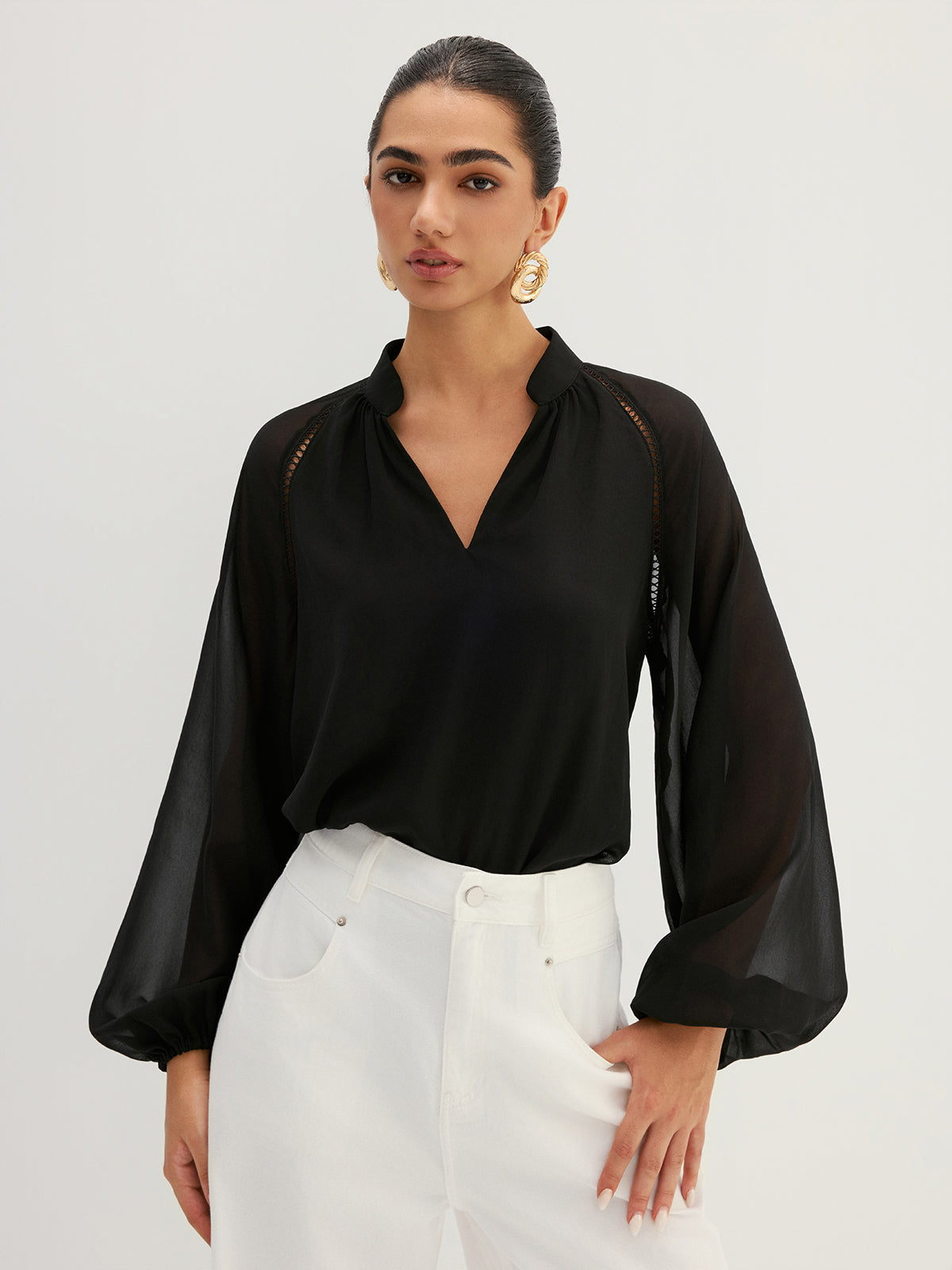 Hollow Out Sheer Sleeve Blouse Elegant Casual Top for Women