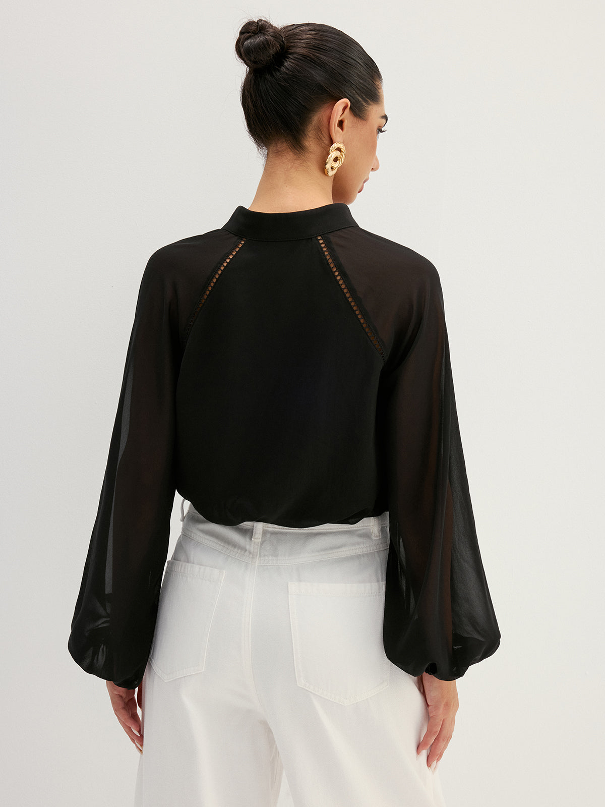 Hollow Out Sheer Sleeve Blouse Elegant Casual Top for Women