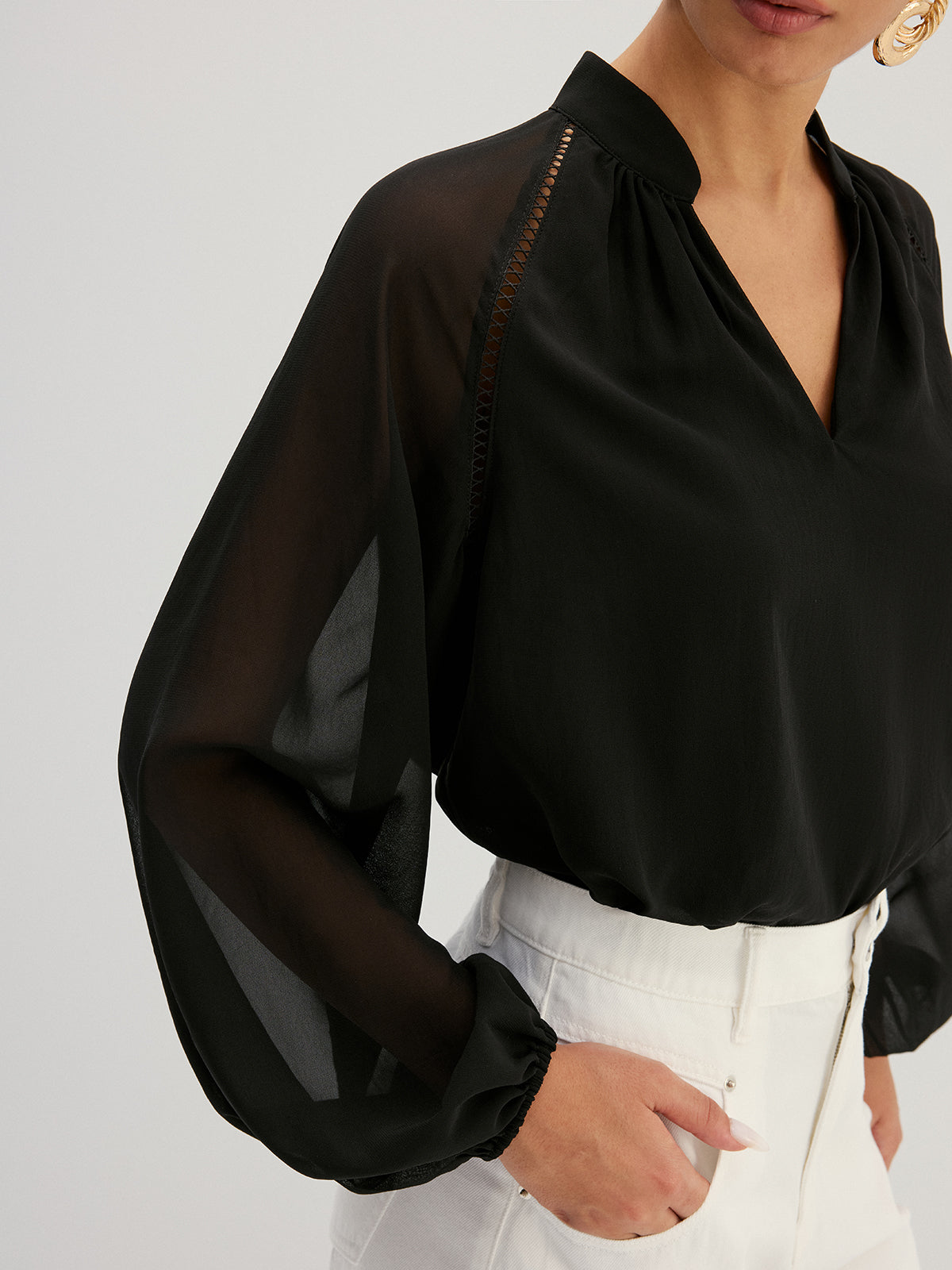 Hollow Out Sheer Sleeve Blouse Elegant Casual Top for Women