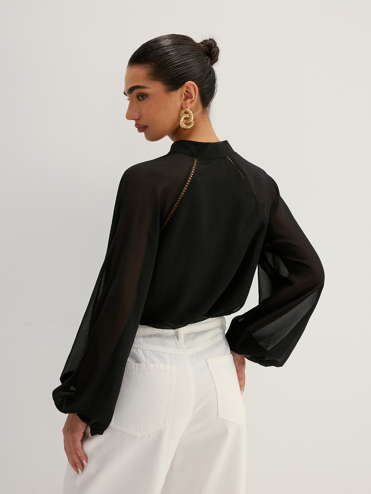 Hollow Out Sheer Sleeve Blouse Elegant Casual Top for Women