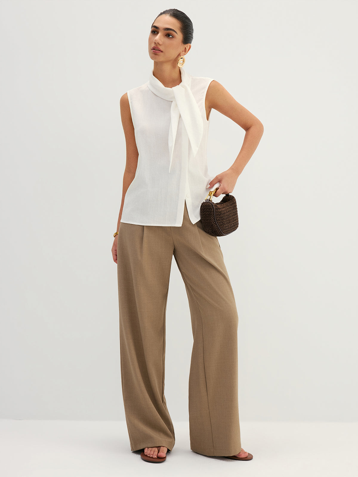 Tie Neck Sleeveless Tencel Blouse for Women Summer Casual Wear
