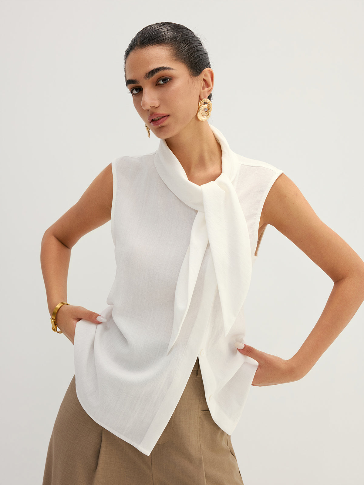 Tie Neck Sleeveless Tencel Blouse for Women Summer Casual Wear