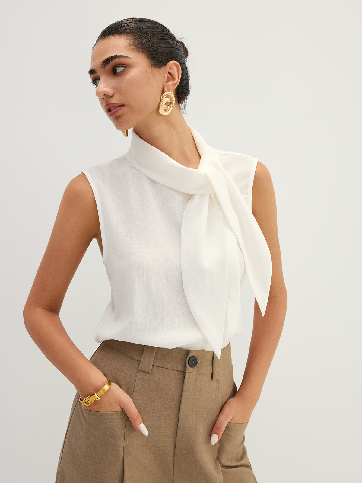 Tie Neck Sleeveless Tencel Blouse for Women Summer Casual Wear