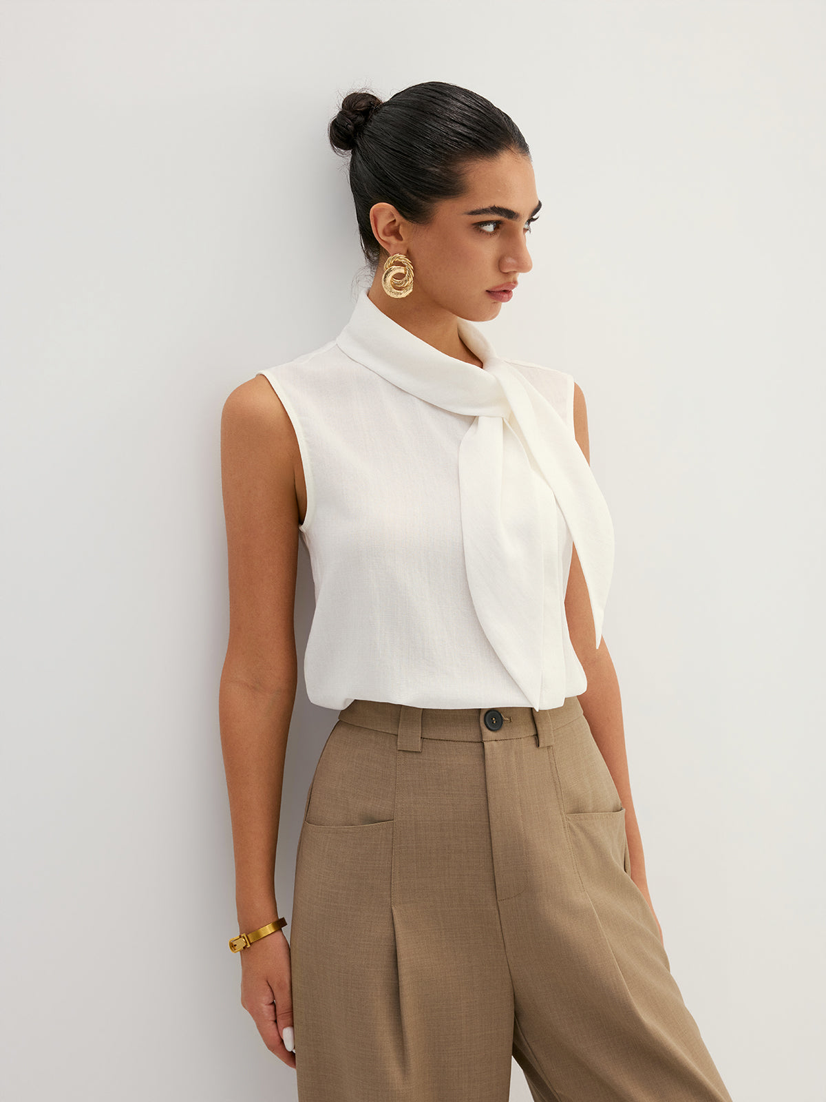 Tie Neck Sleeveless Tencel Blouse for Women Summer Casual Wear