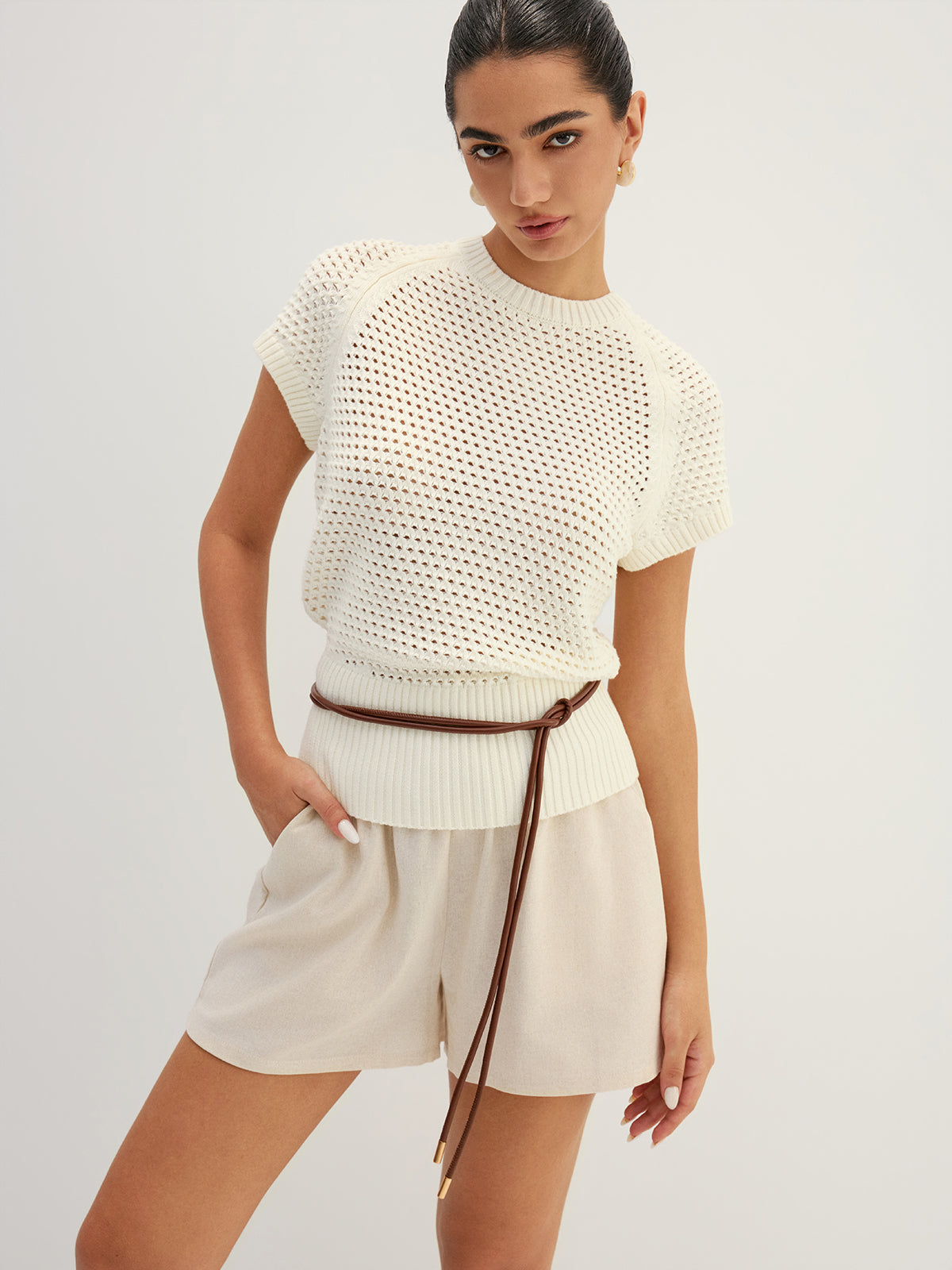 Belted Hollow Out Knit Top Fashionable Long Sleeve Design