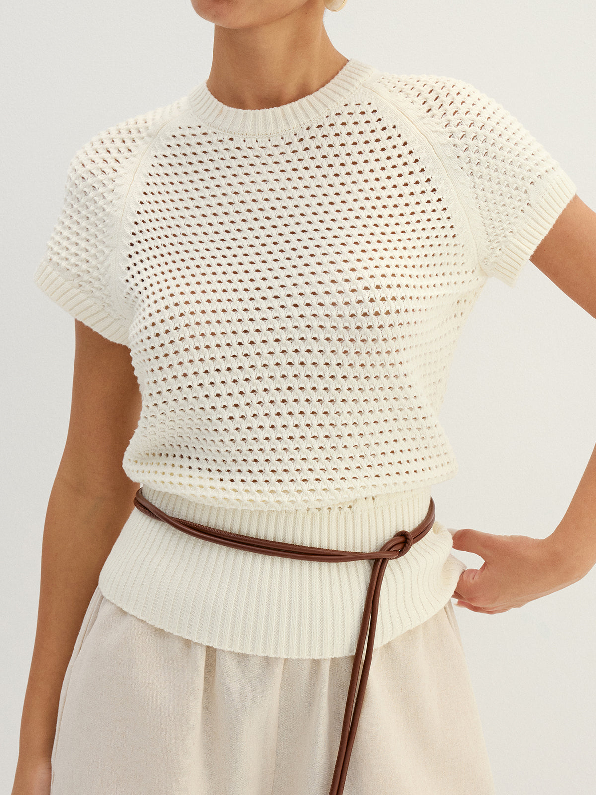 Belted Hollow Out Knit Top Fashionable Long Sleeve Design