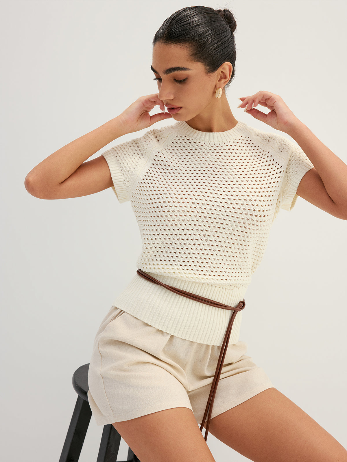 Belted Hollow Out Knit Top Fashionable Long Sleeve Design