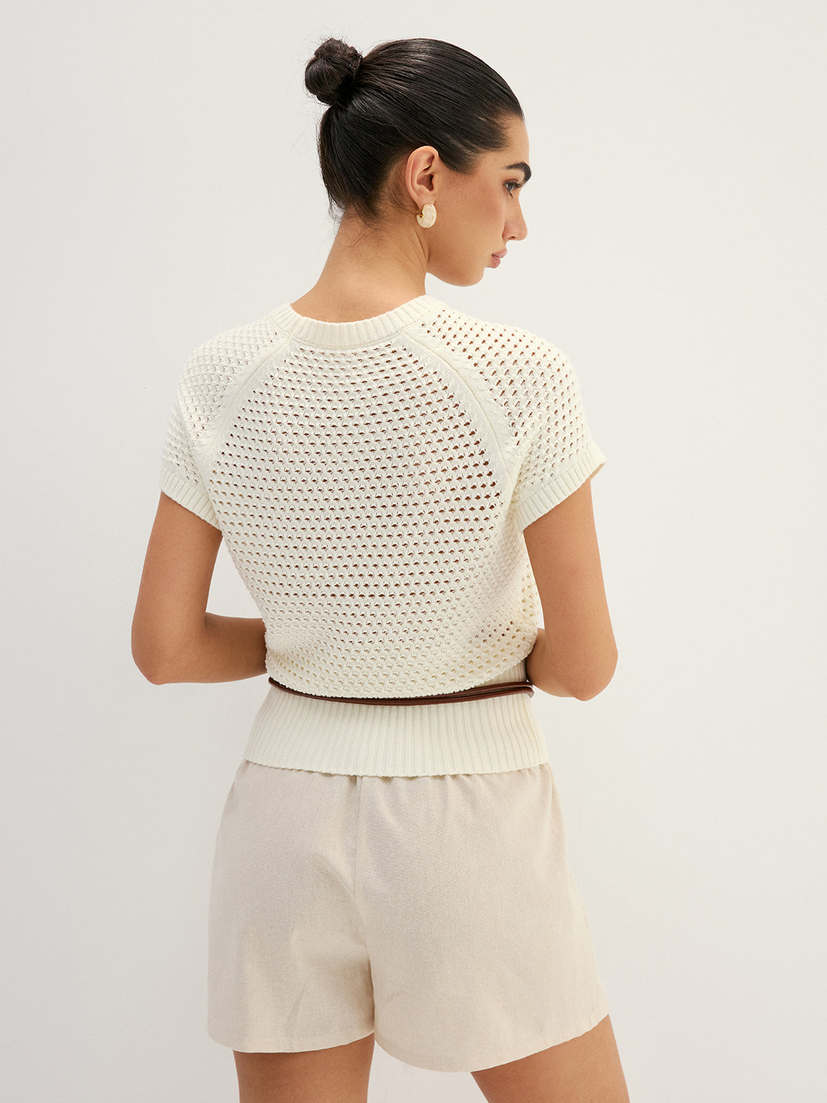 Belted Hollow Out Knit Top Fashionable Long Sleeve Design