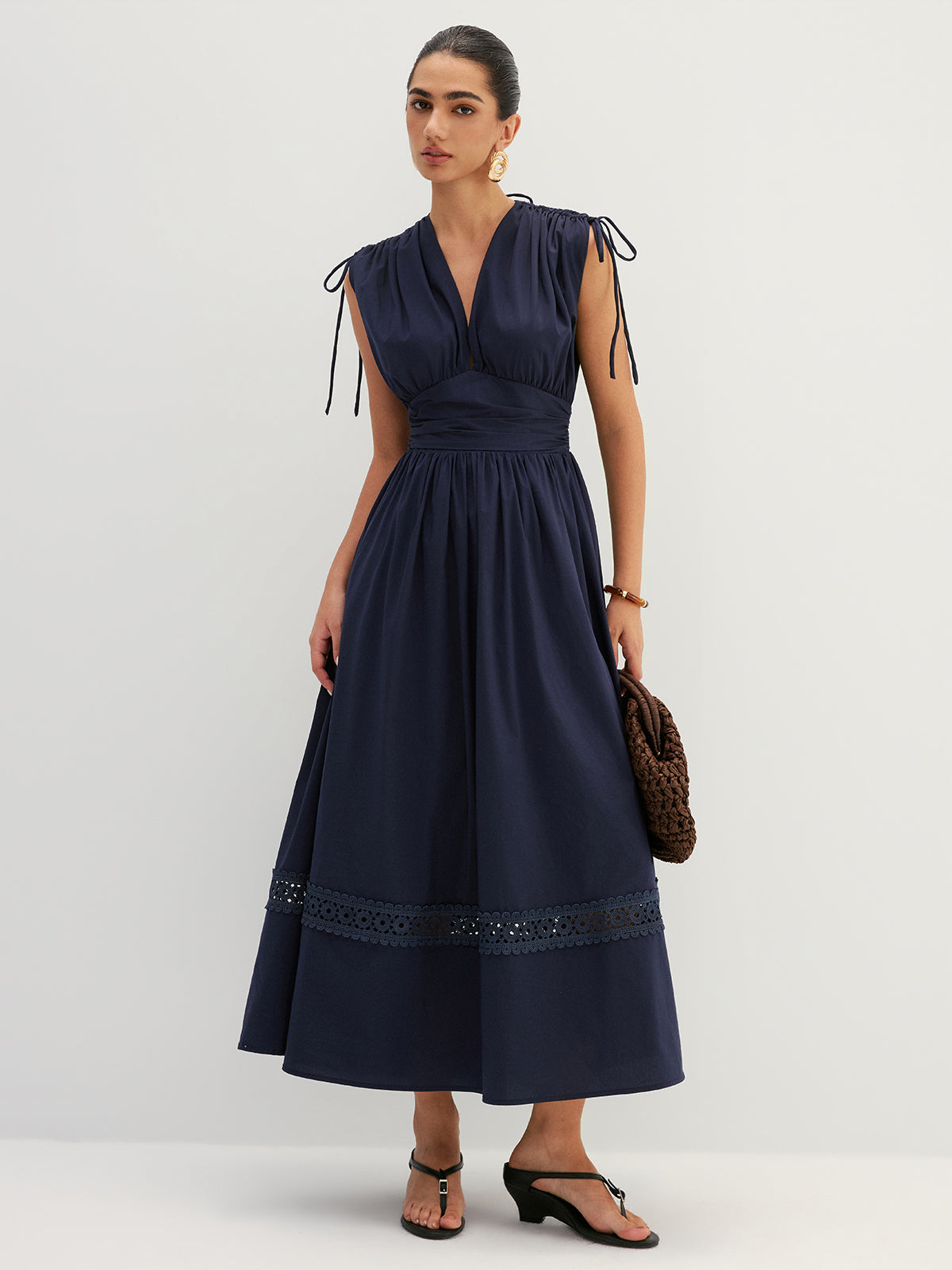 Drawstring Shoulder Lace Panel Midi Dress with Flared Sleeves and V-Neck