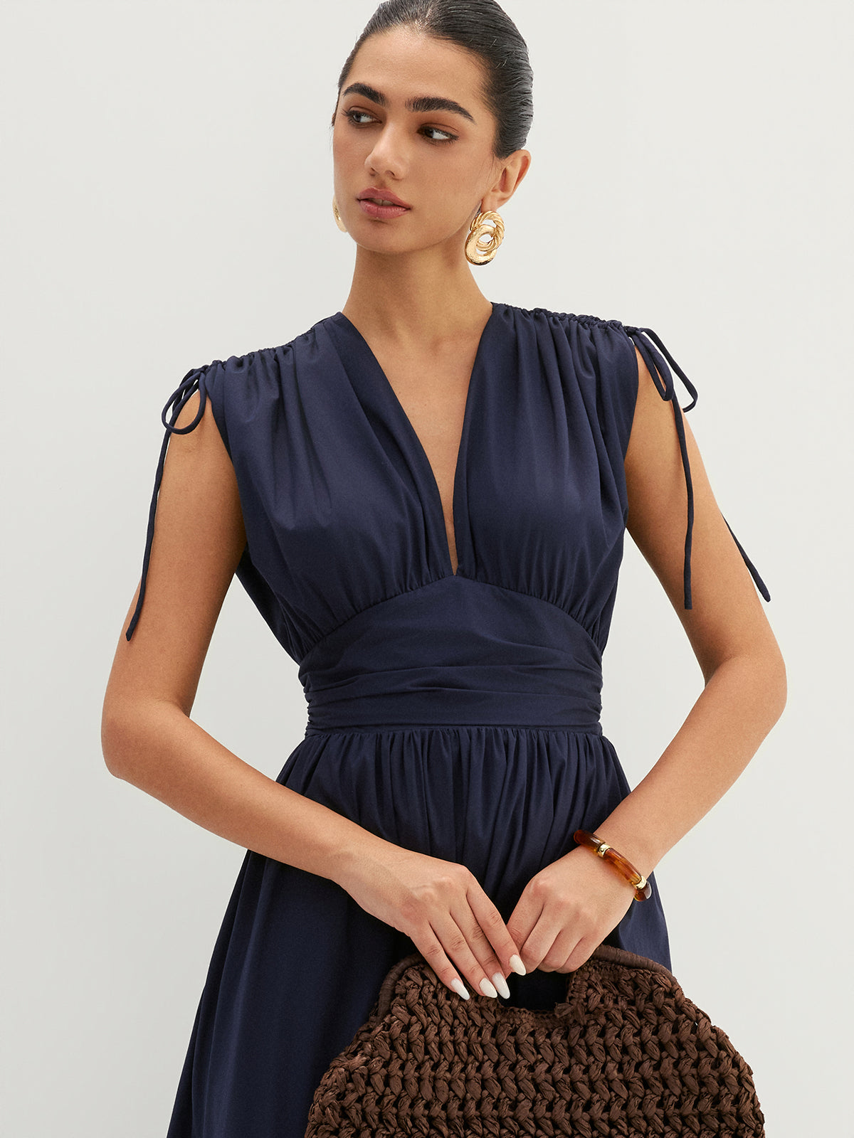 Drawstring Shoulder Lace Panel Midi Dress with Flared Sleeves and V-Neck