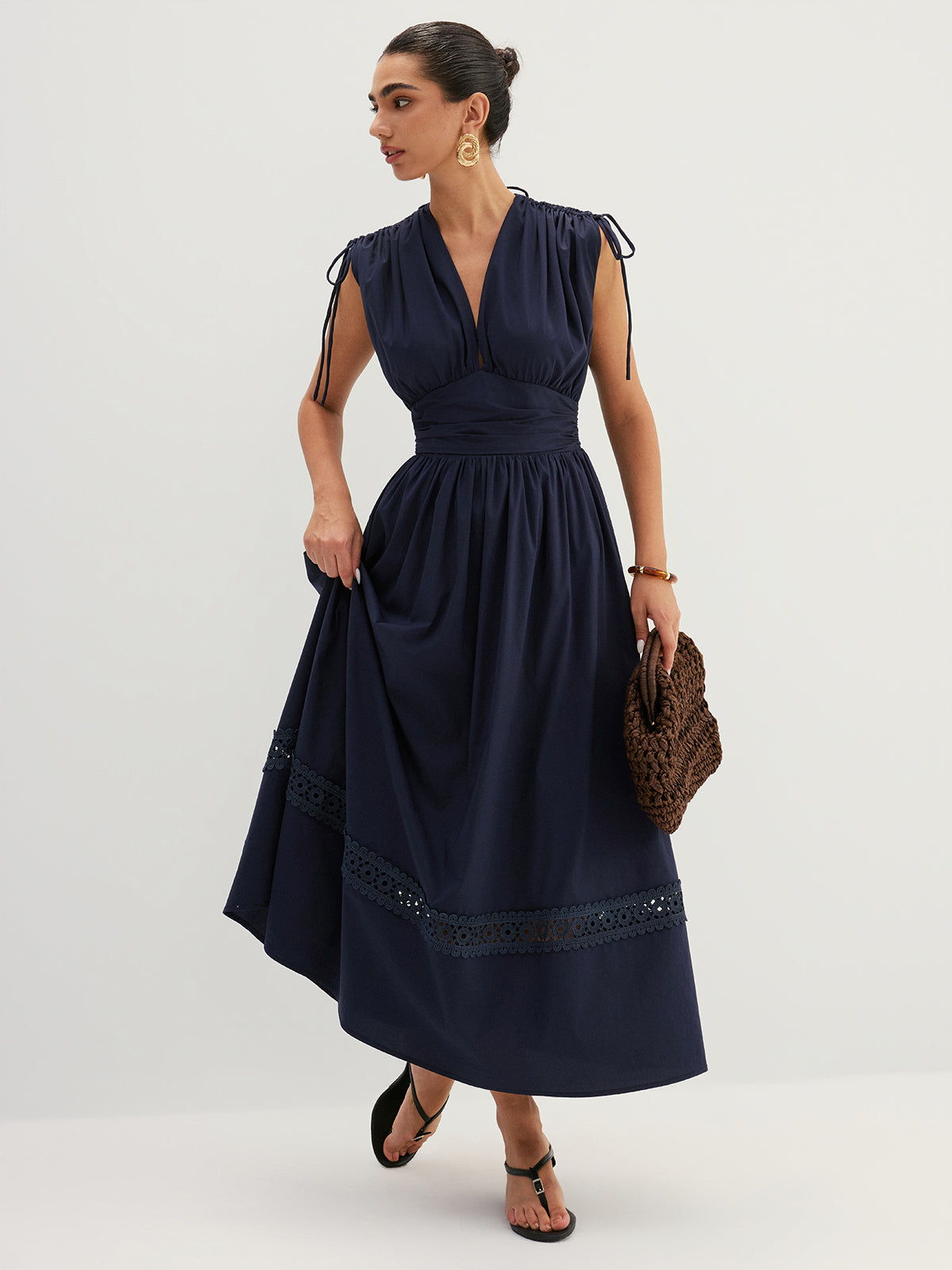 Drawstring Shoulder Lace Panel Midi Dress with Flared Sleeves and V-Neck