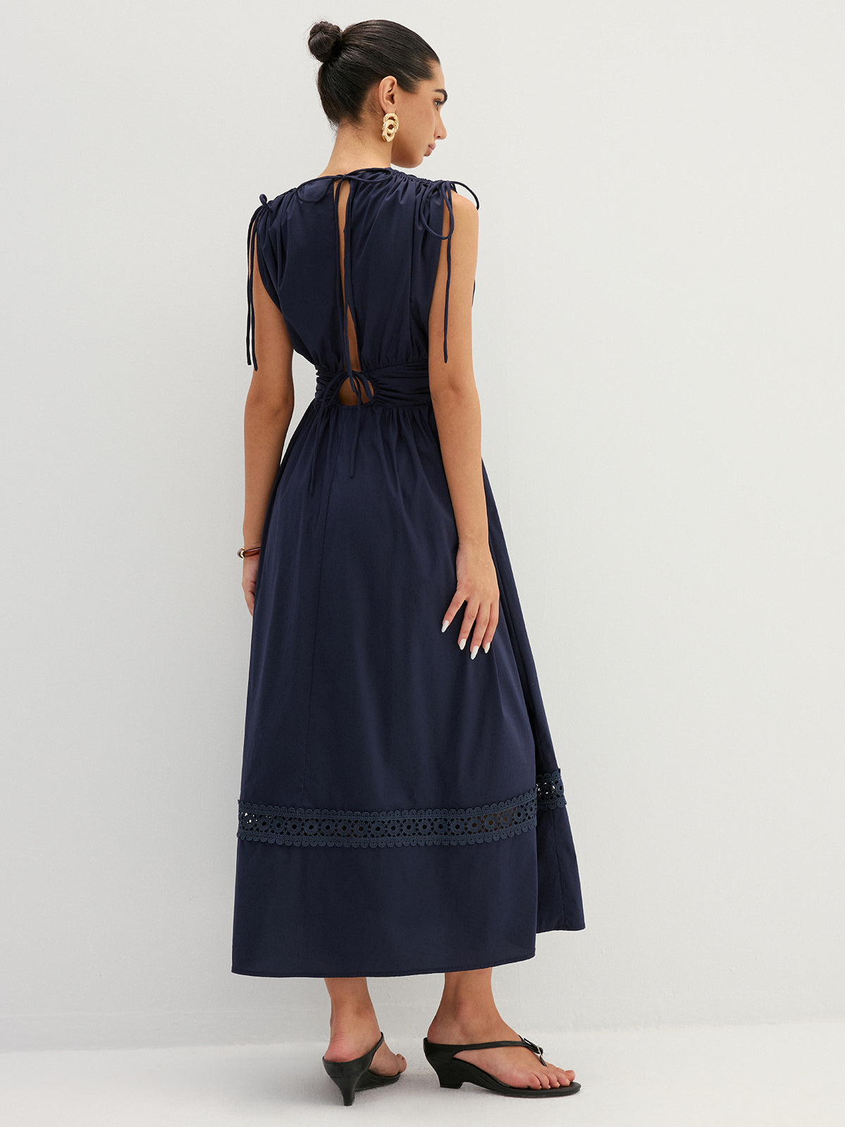 Drawstring Shoulder Lace Panel Midi Dress with Flared Sleeves and V-Neck