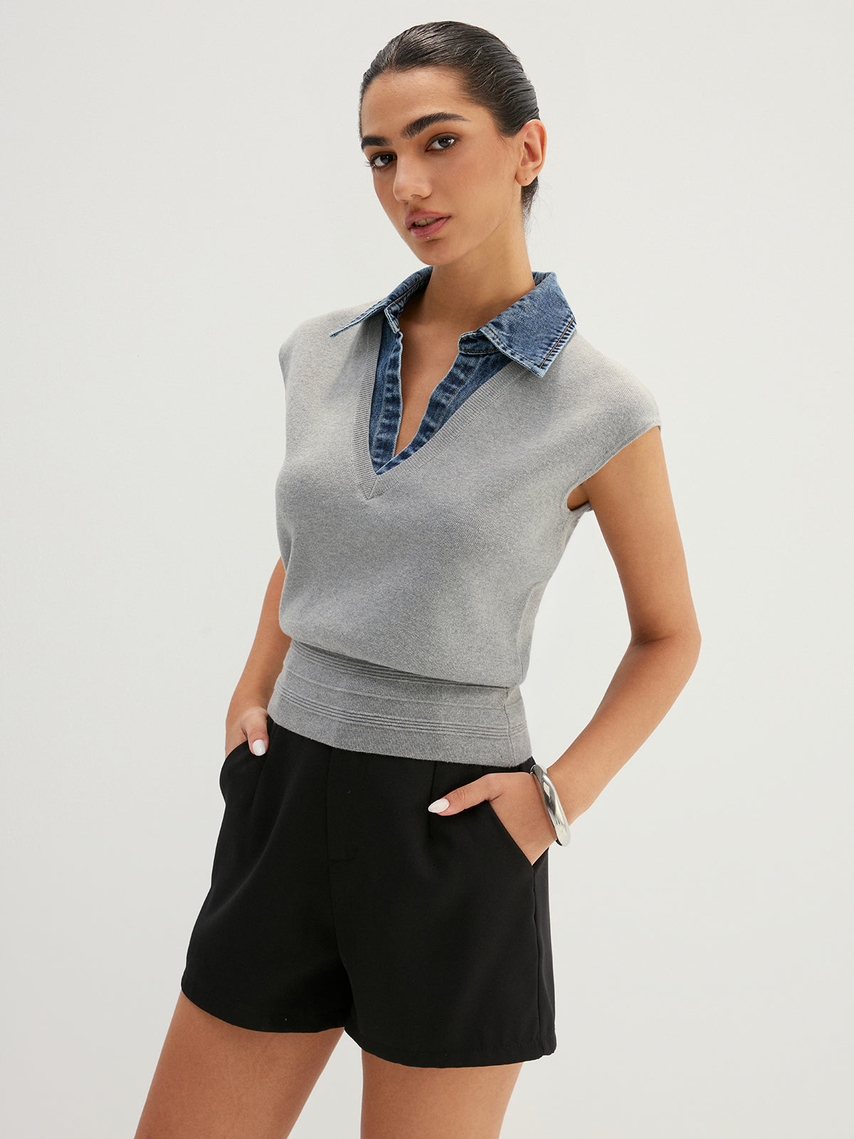 Denim Collar Sleeveless Knit Vest Casual Layering Essential