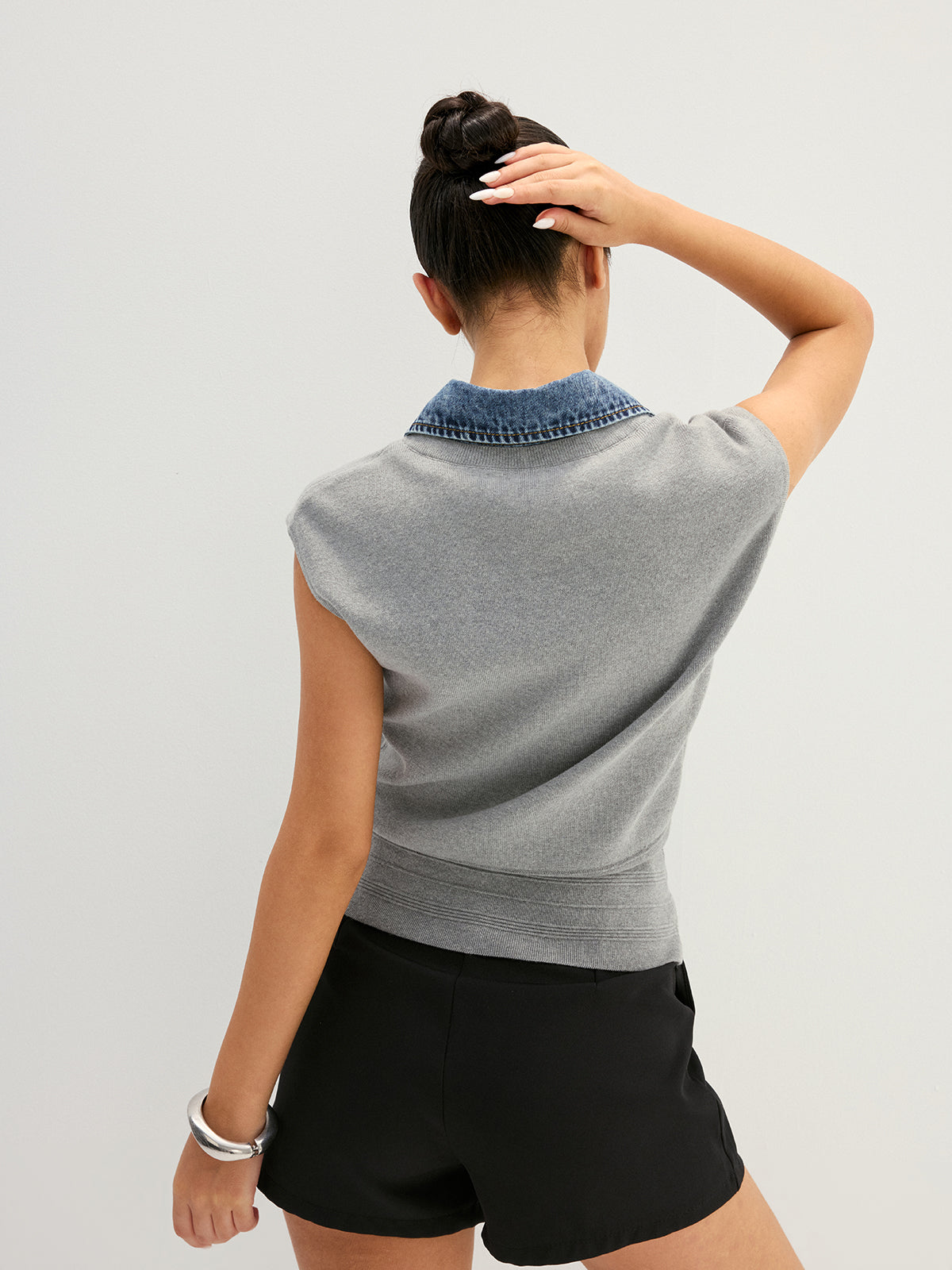 Denim Collar Sleeveless Knit Vest Casual Layering Essential
