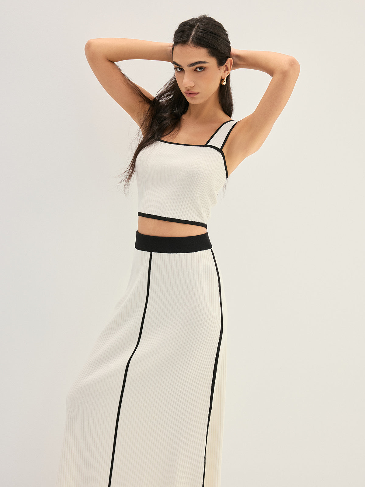 Contrast Trim Rib Knit Elegant Two Piece Skirt Set for Women