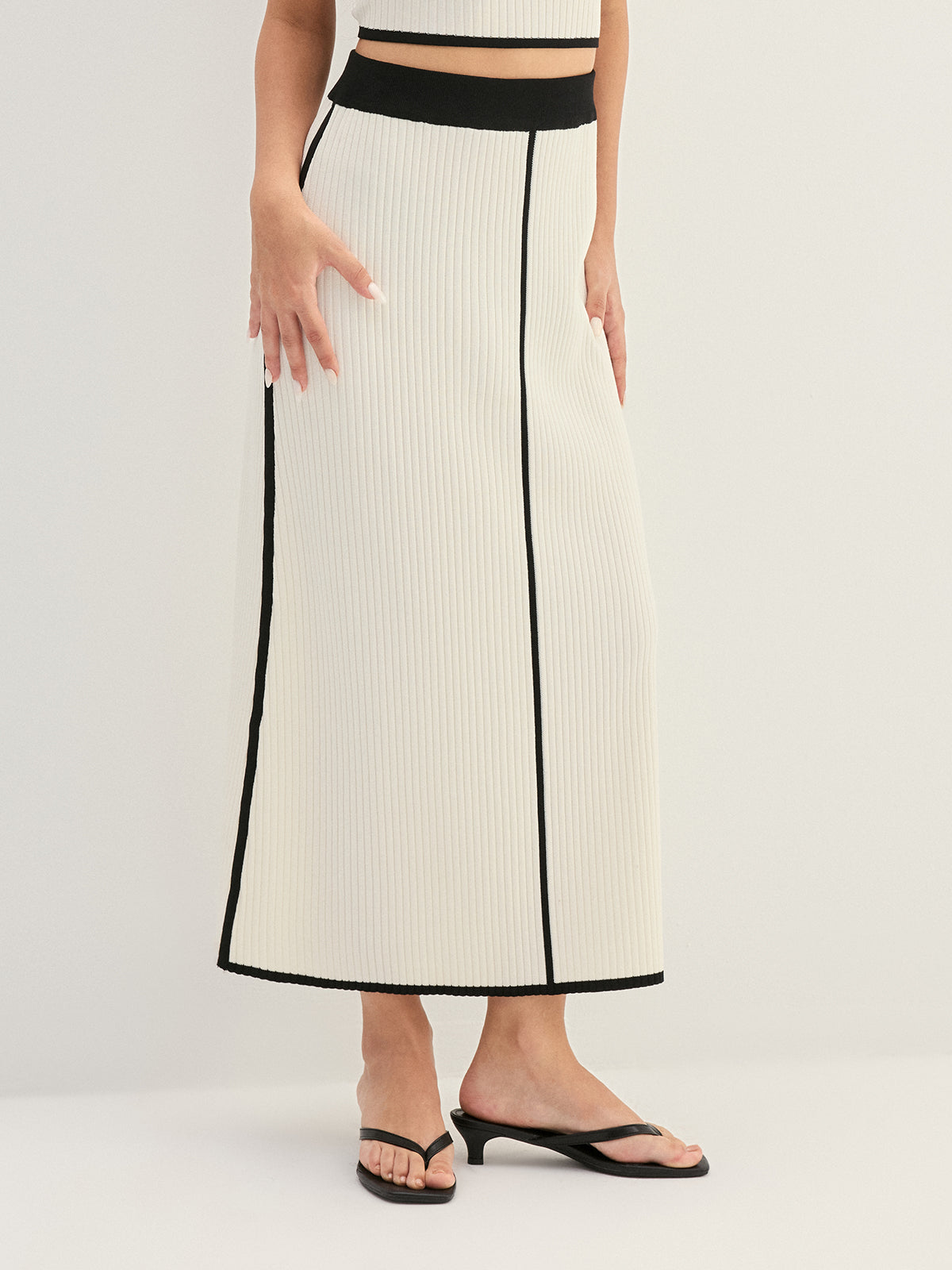 Contrast Trim Rib Knit Elegant Two Piece Skirt Set for Women
