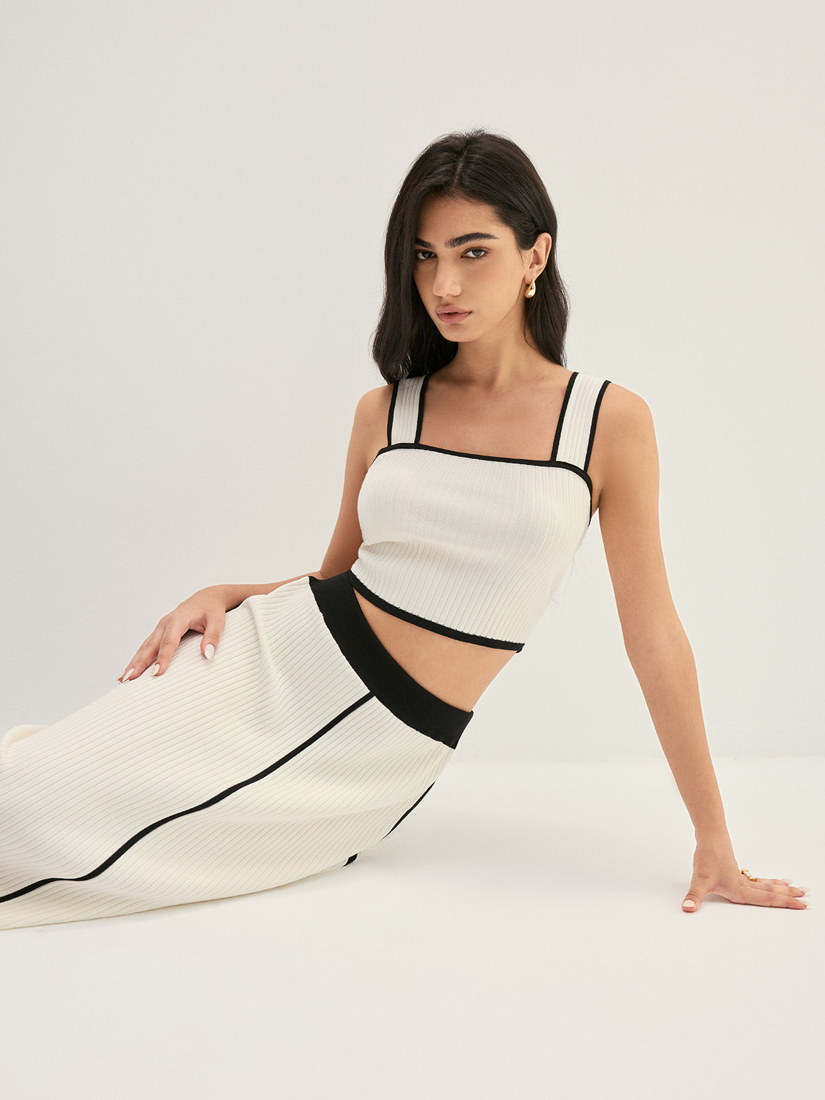 Contrast Trim Rib Knit Elegant Two Piece Skirt Set for Women