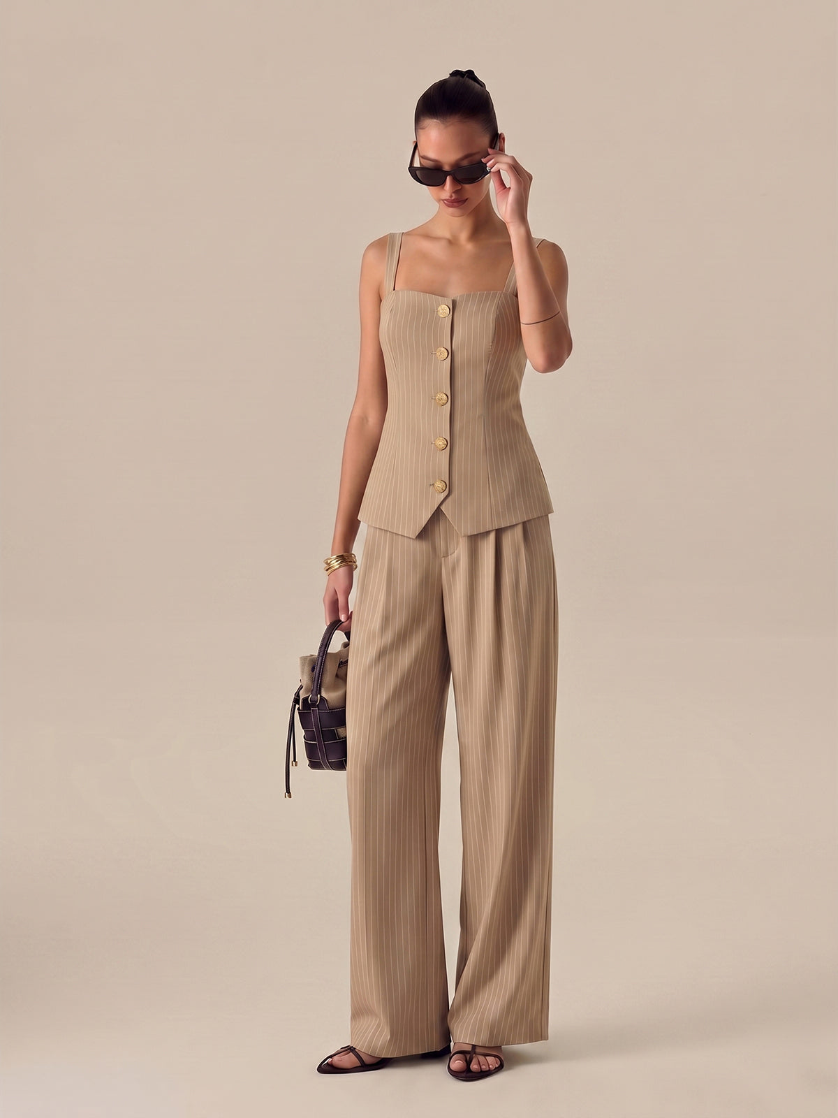 Pinstripe Button-Front Cami Top & Pants Set for Women Casual Wear