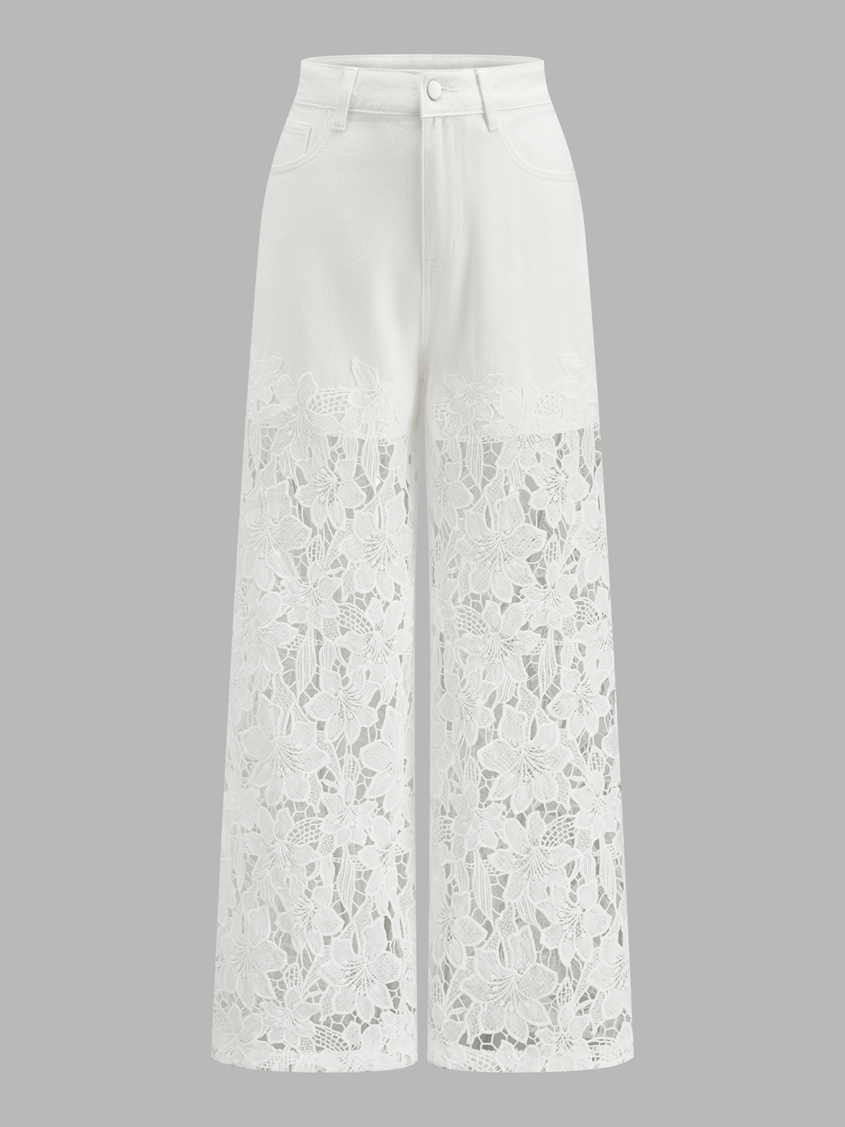 Lace Panel Denim Wide Leg Pants High Waist Fashionable Comfortable Fit