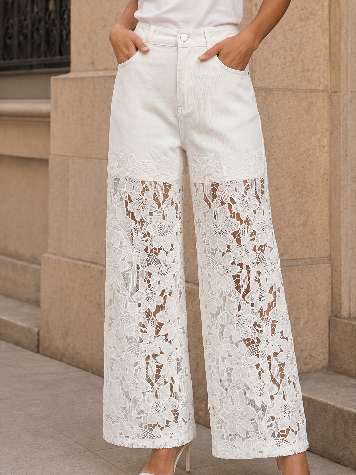 Lace Panel Denim Wide Leg Pants High Waist Fashionable Comfortable Fit